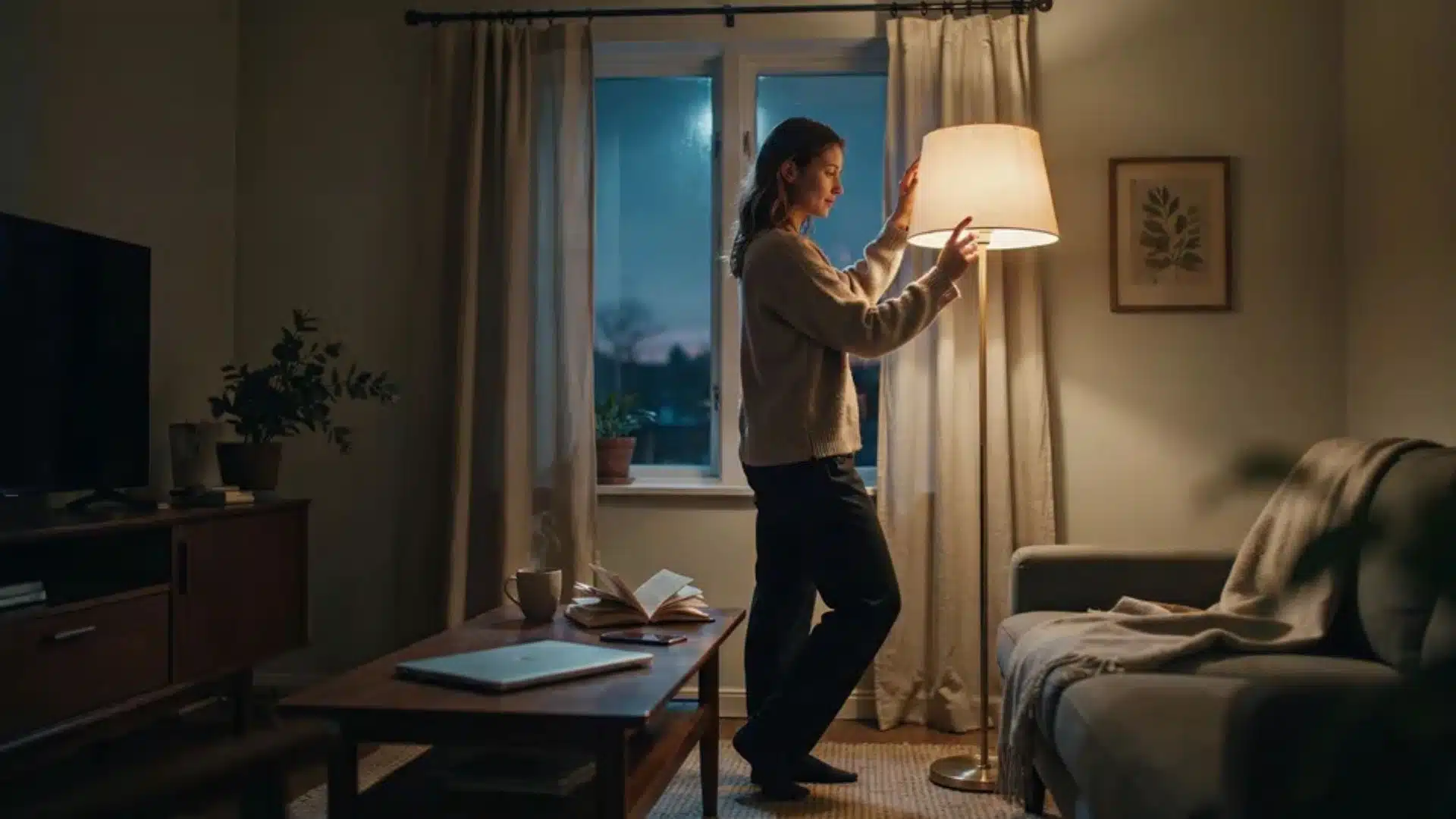 woman dimming lights at night in calm home reducing screen and bright light exposure