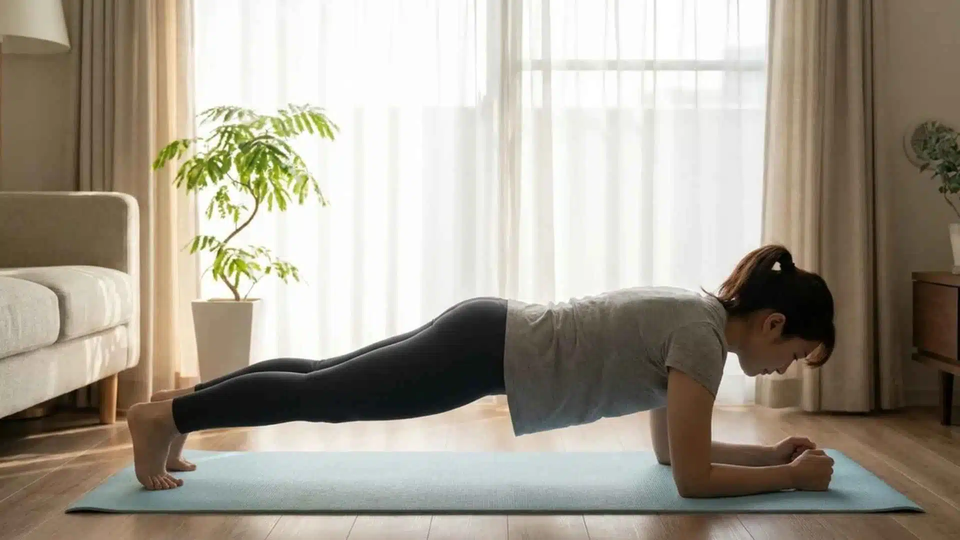 Woman performing plank exercise on yoga mat, engaging core and back muscles in a bright living room