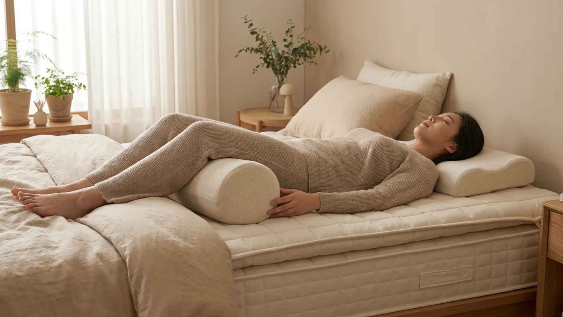 Woman lying on bed with bolster under legs, relaxing and supporting her back in a calm bedroom setting