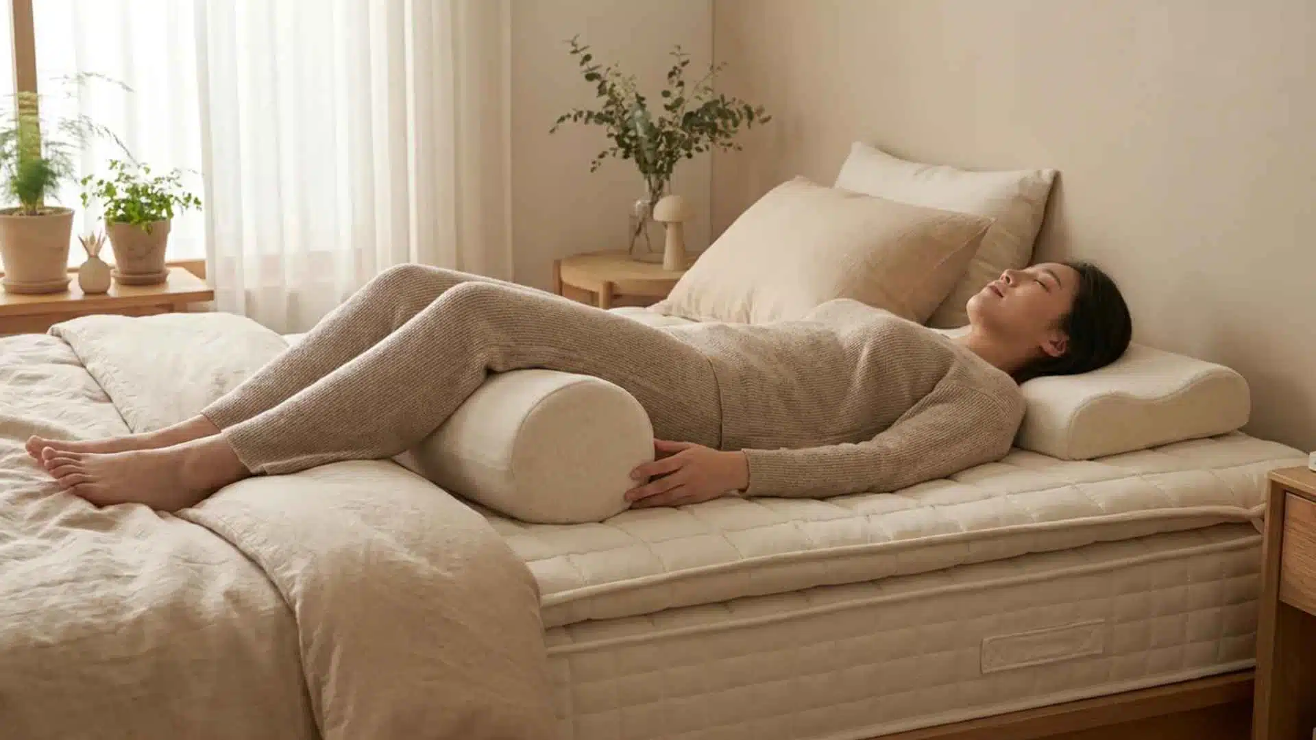Woman lying on bed with bolster under legs, relaxing and supporting her back in a calm bedroom setting