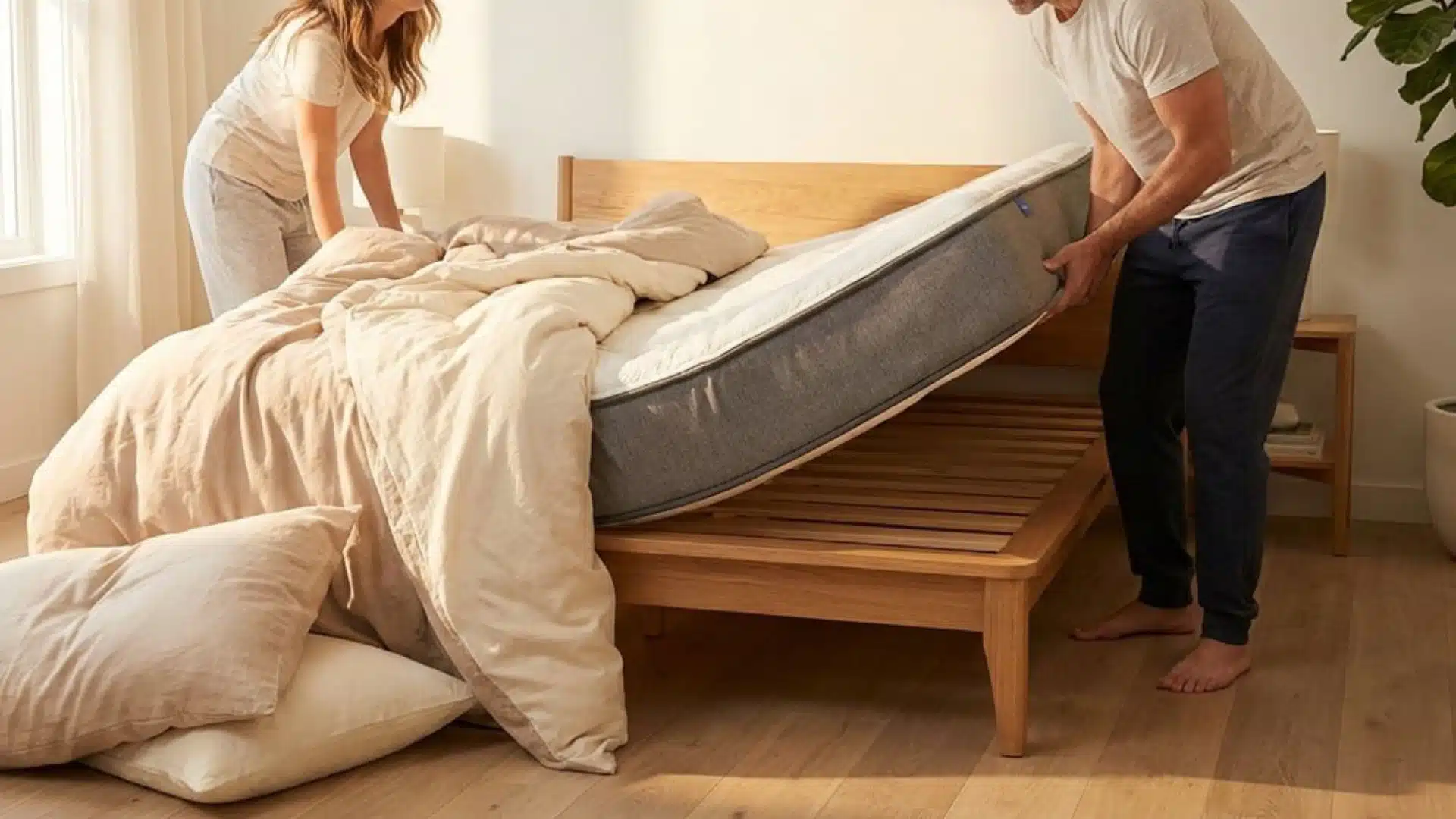 Couple lifting and rotating a mattress in a bright modern bedroom with natural light and neutral bedding.