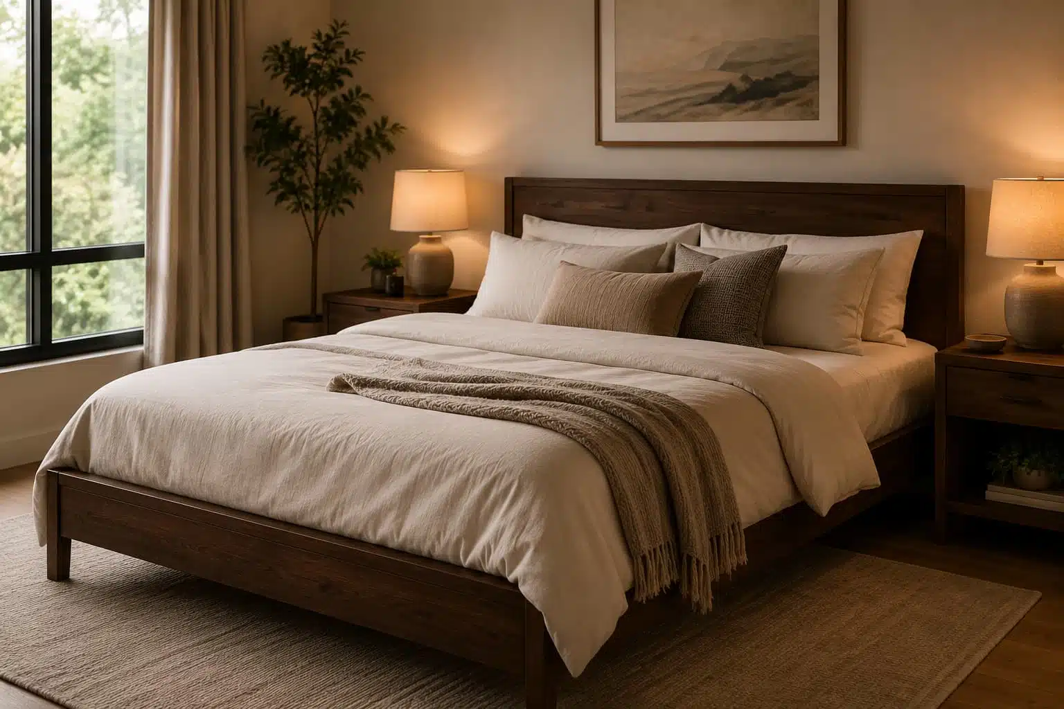 Cozy modern bedroom with sturdy wooden bed, soft bedding, and warm ambient lighting