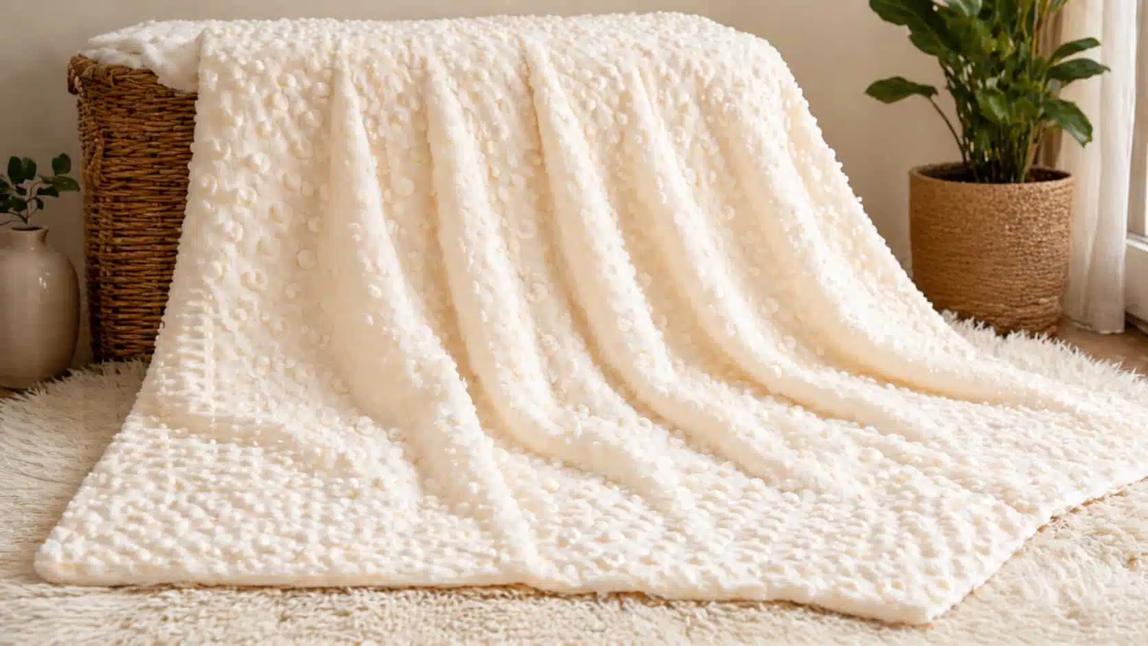 Cream-colored minky blanket fully spread out with plush dotted texture, draped over a surface in soft natural light