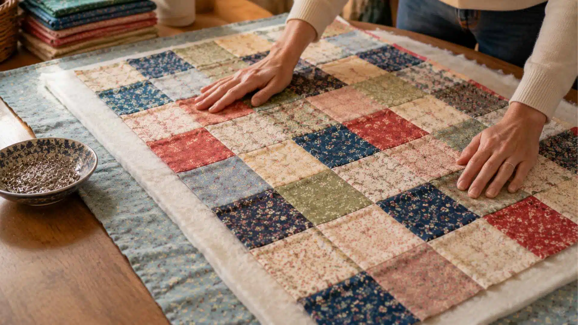 Layering quilt backing batting and top together