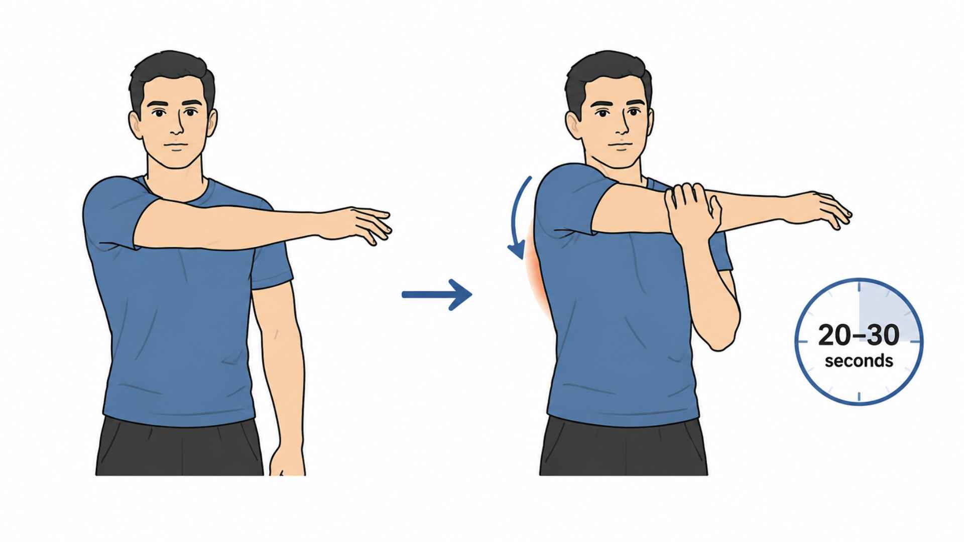 Illustration of a man stretching one arm across chest, opposite hand pulling gently for mobility.