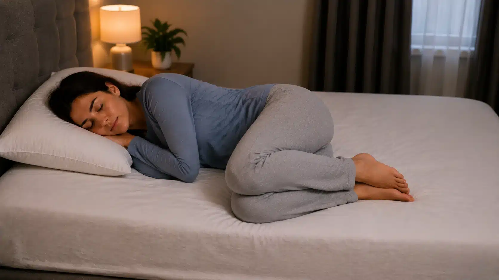 Curled woman sleeping in fetal position with knees drawn to chest.
