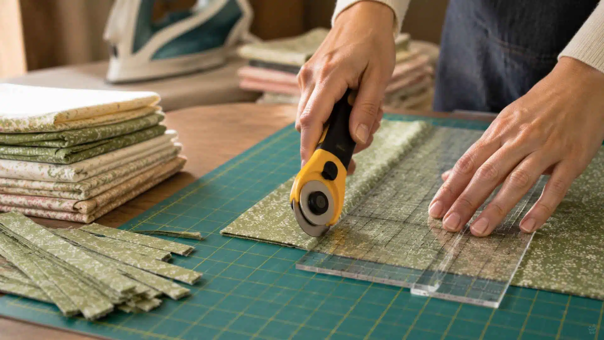 Hands cutting fabric with rotary cutter and ruler