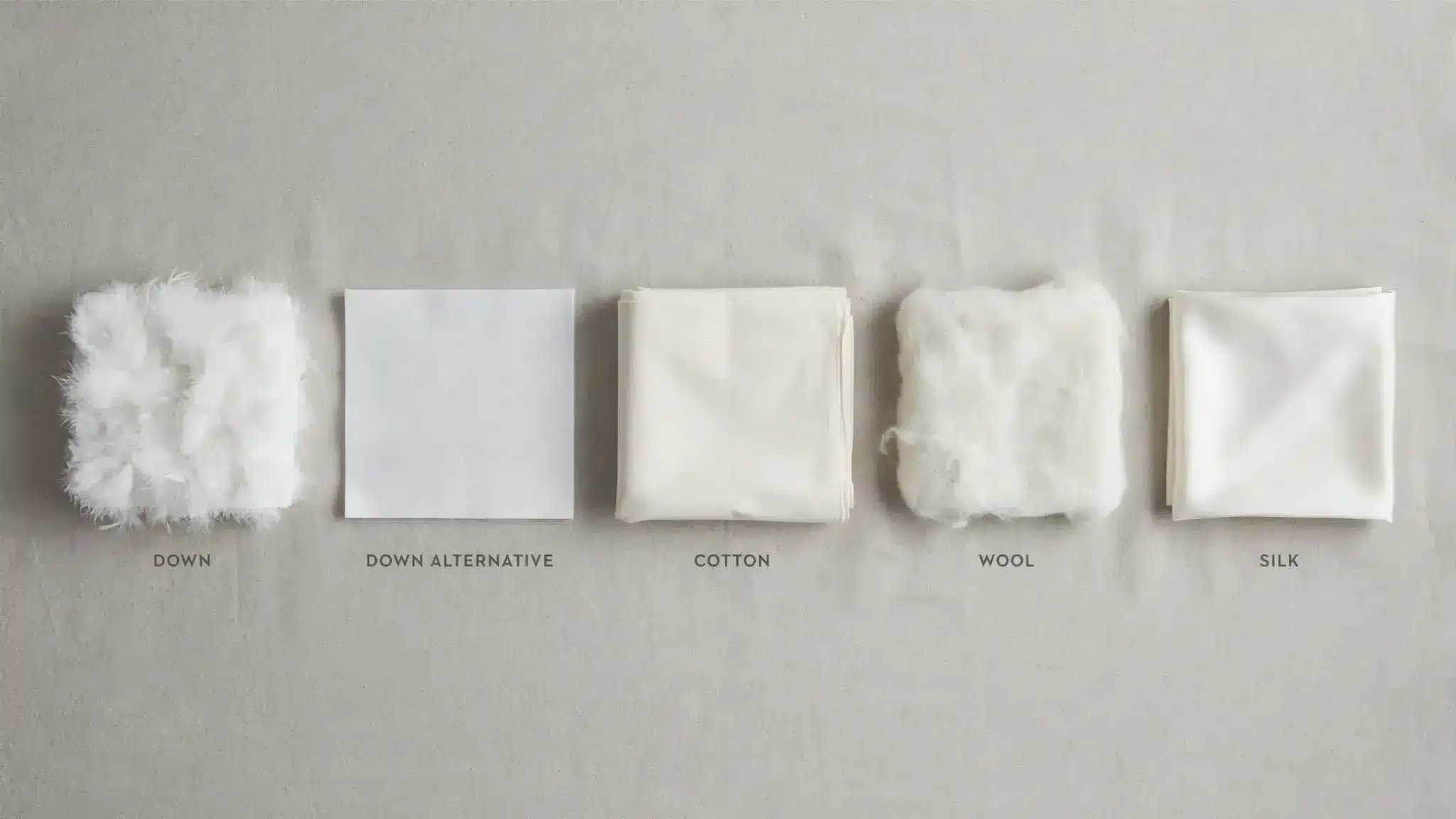 Different duvet insert materials including down, down alternative,cotton, wool, and silk textures