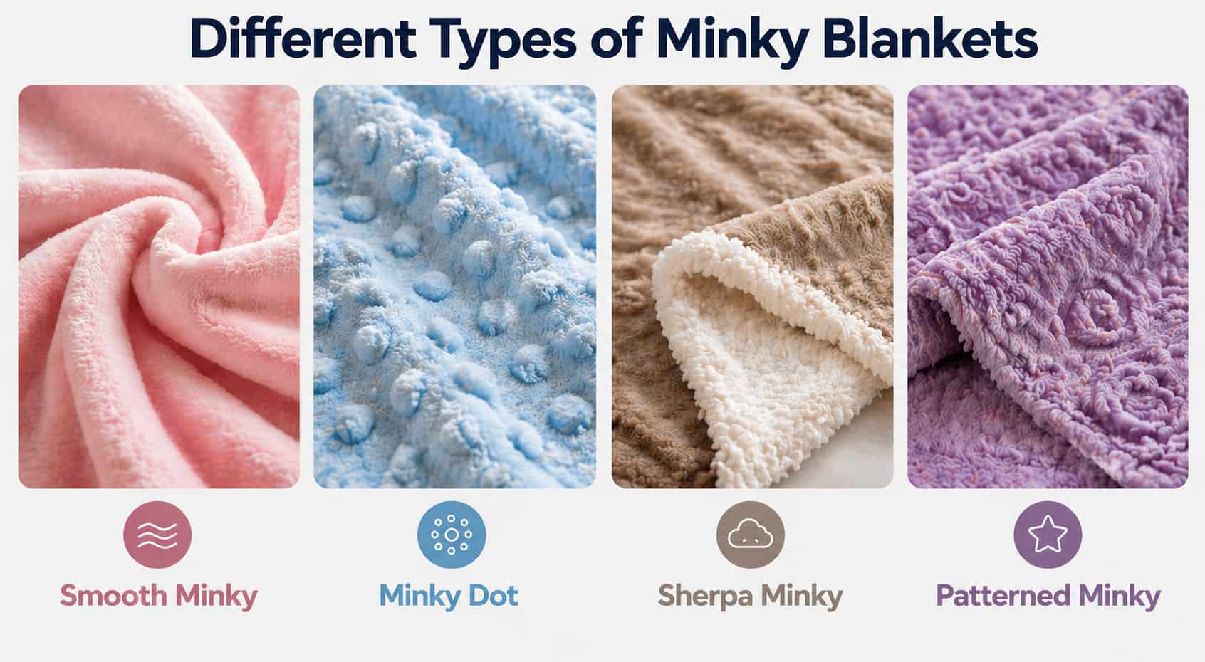 Different Types of Minky Blankets infographic showing four textures Smooth Minky, Minky Dot, Sherpa Minky, and Patterned Minky arranged in a clean, compact layout