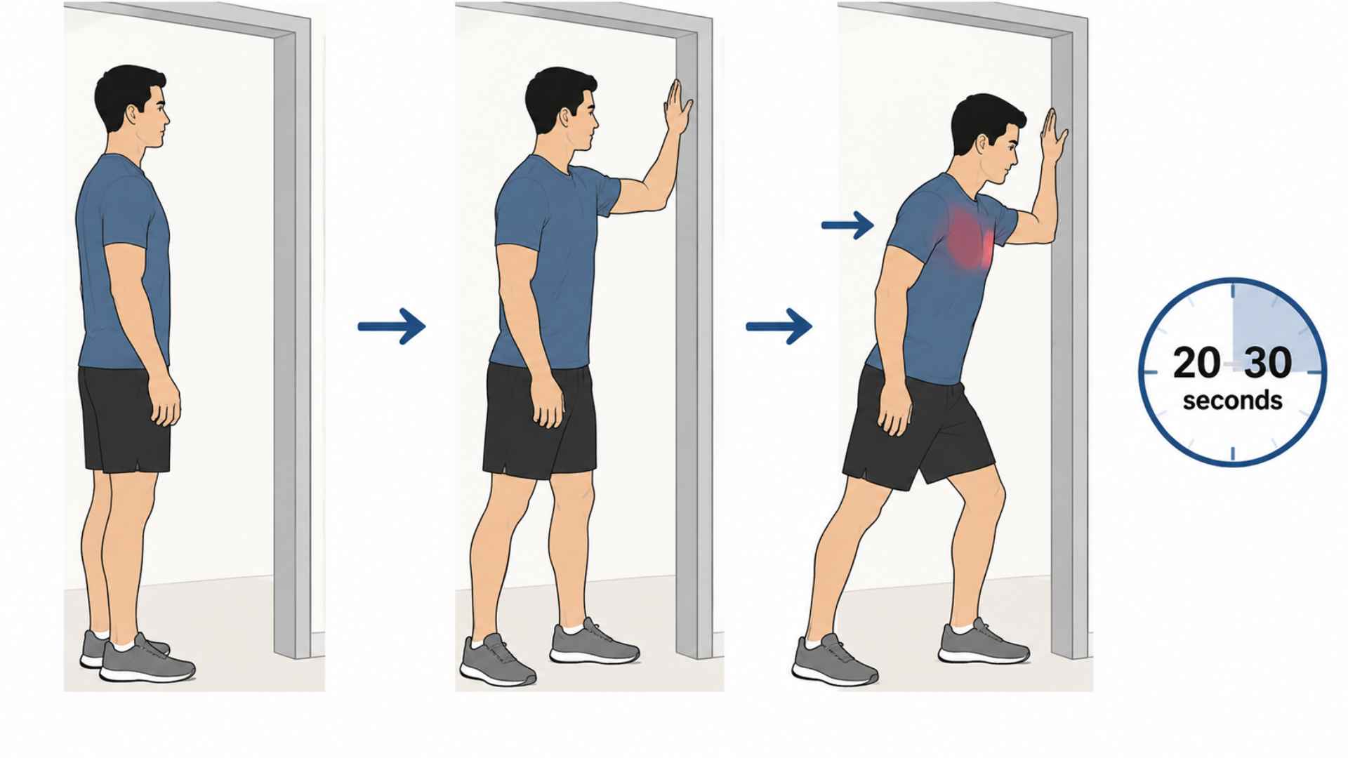 Illustration of a man performing doorway chest stretch, leaning forward with hand on doorframe.