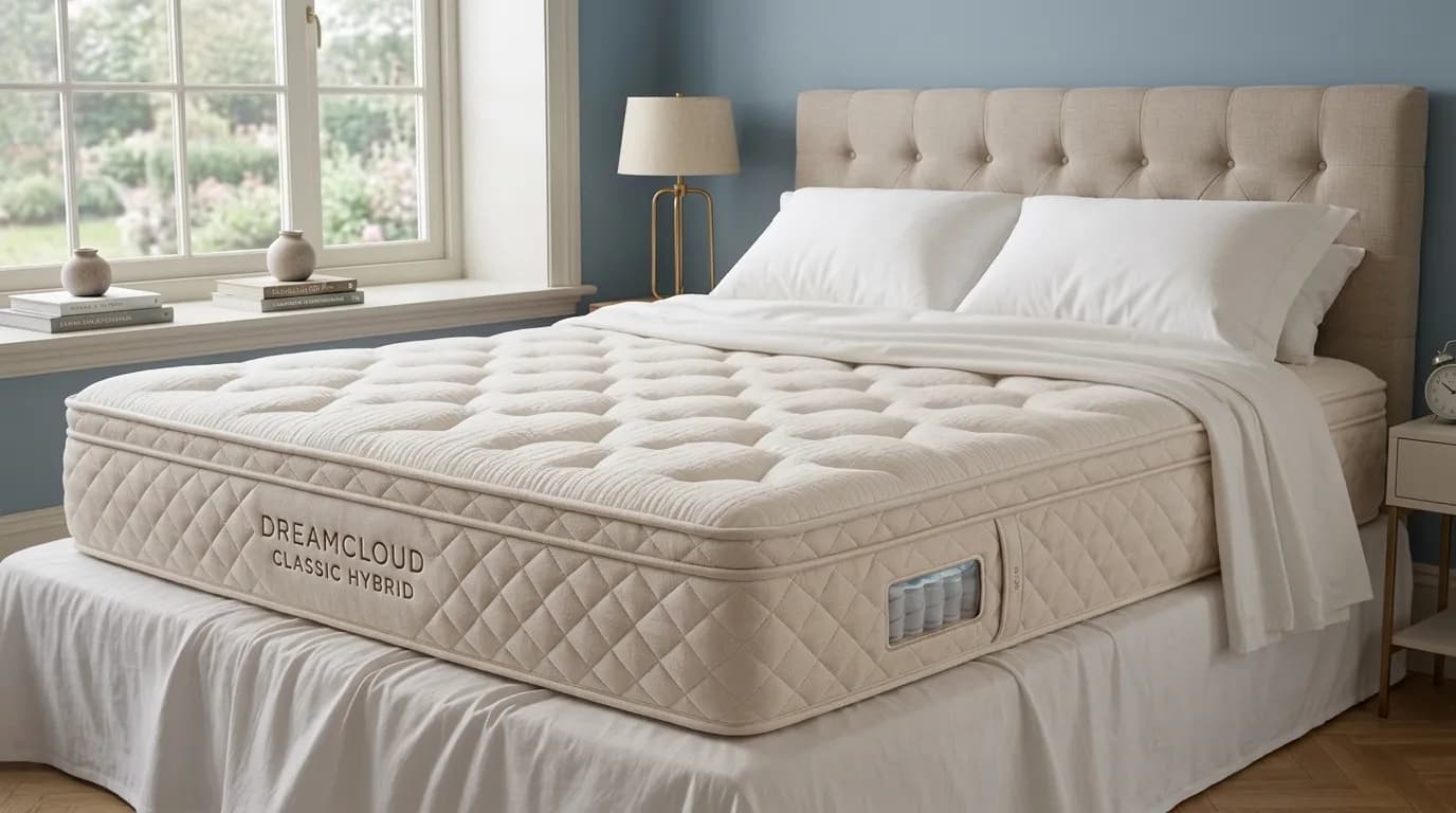 DreamCloud Classic Hybrid mattress in a realistic, sunlit bedroom.
