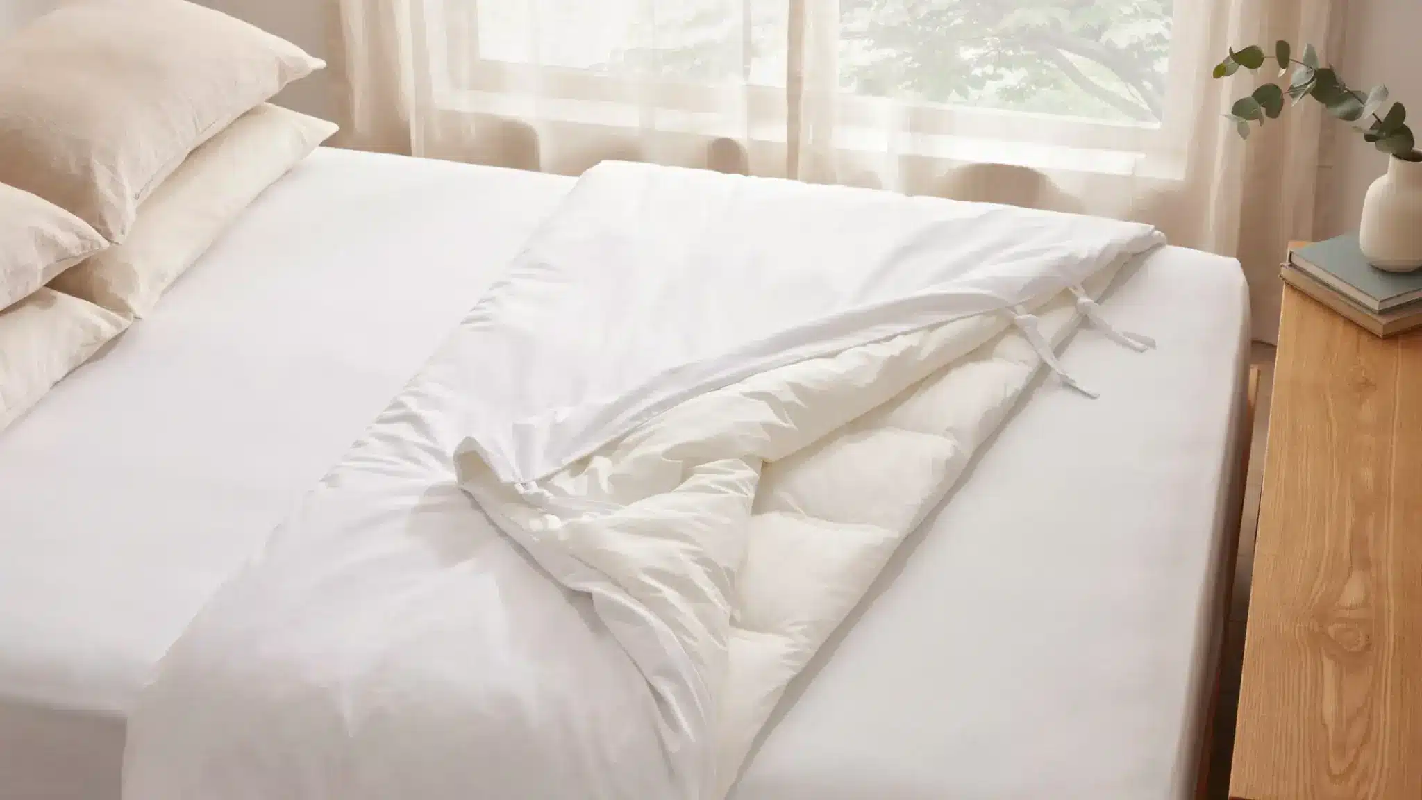 Duvet insert being placed inside a duvet cover with corner ties