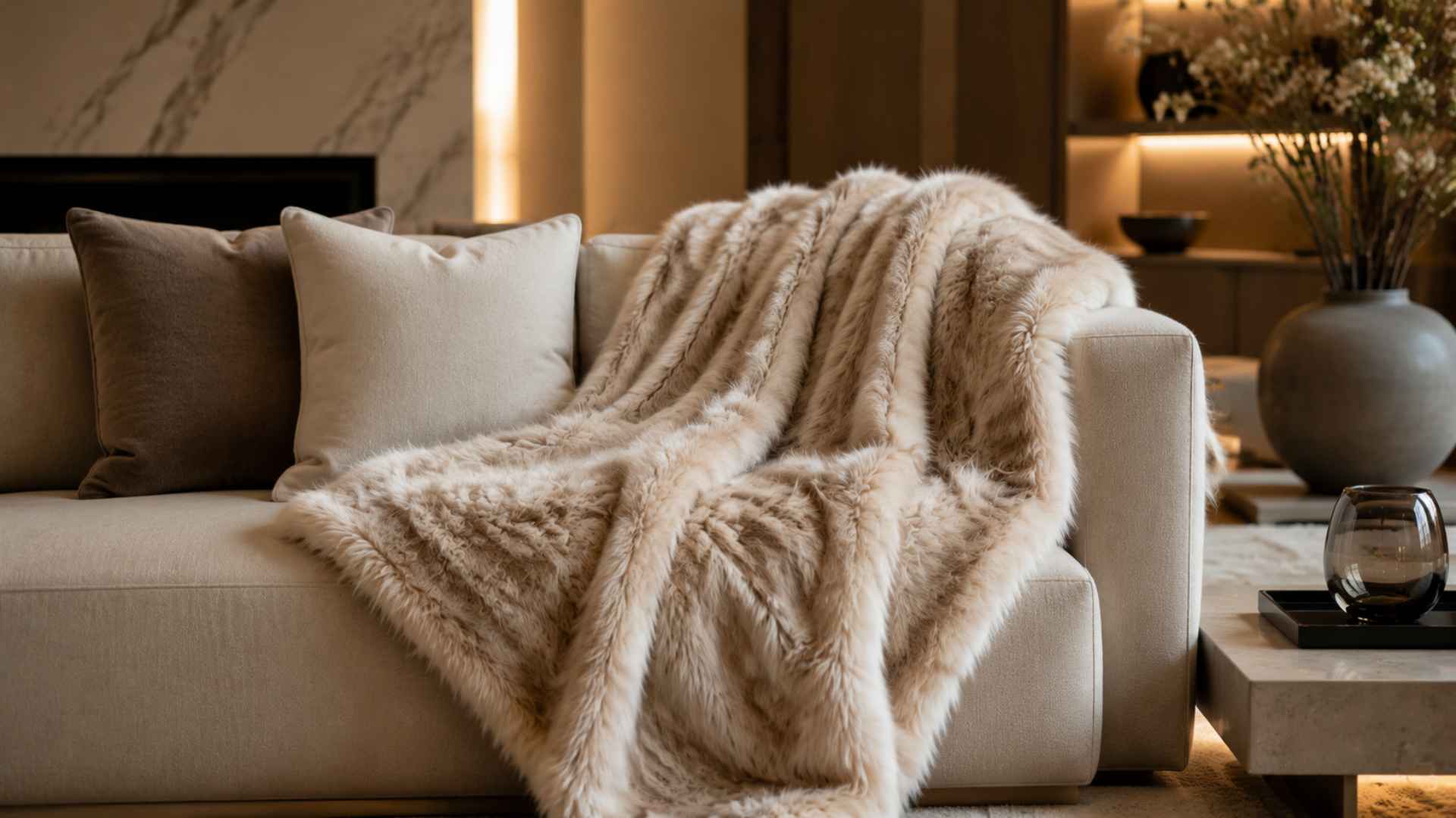 Faux fur throw blanket on sofa in luxury modern living room