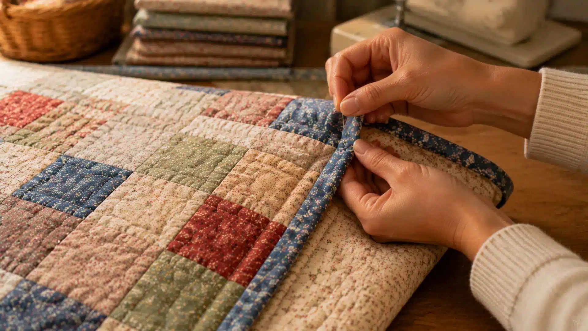 Finishing quilt binding edges by hand stitching