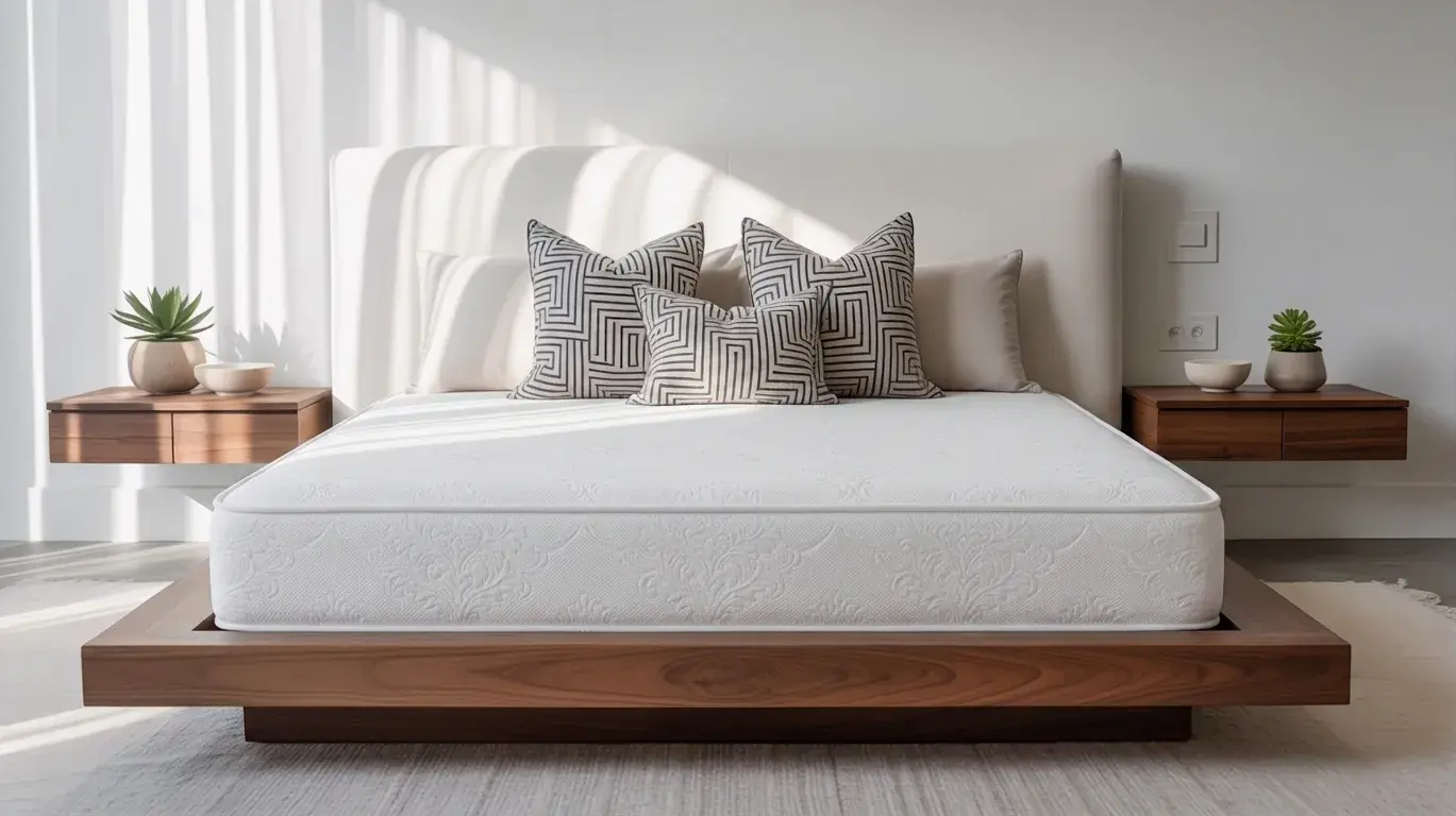 Firm mattress on low-profile platform bed with neutral bedding and minimalist decor.