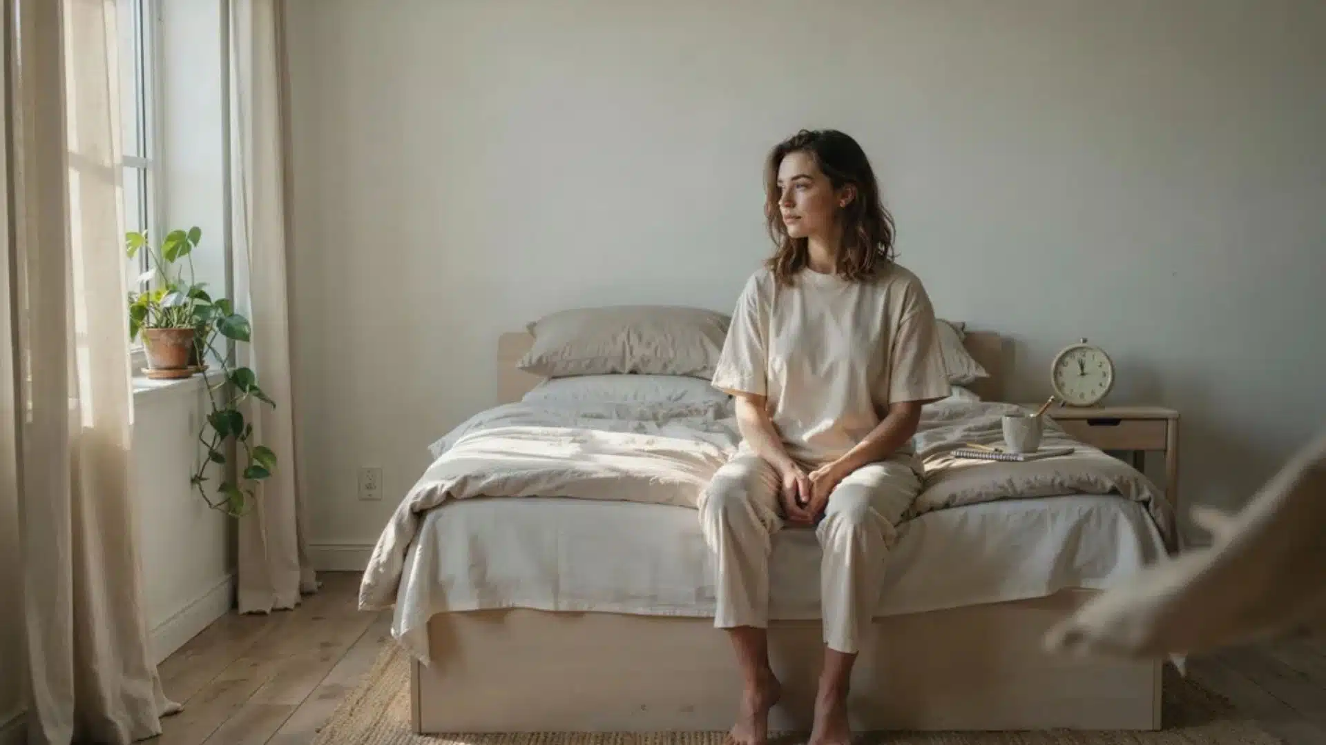 woman sitting on bed in soft morning light looking calm in tidy bedroom with alarm clock beside her