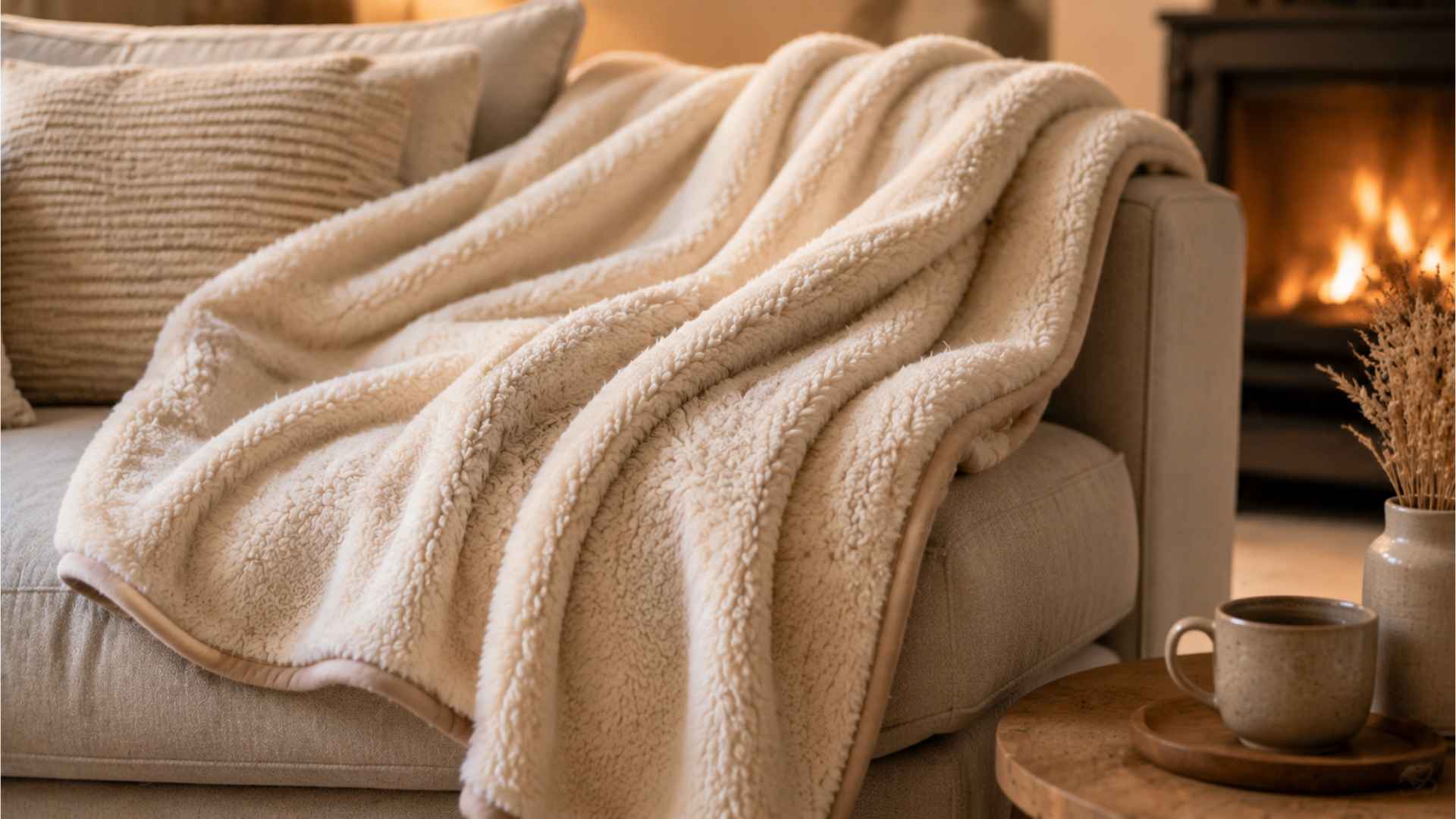Soft fleece throw blanket on sofa cozy living room decor