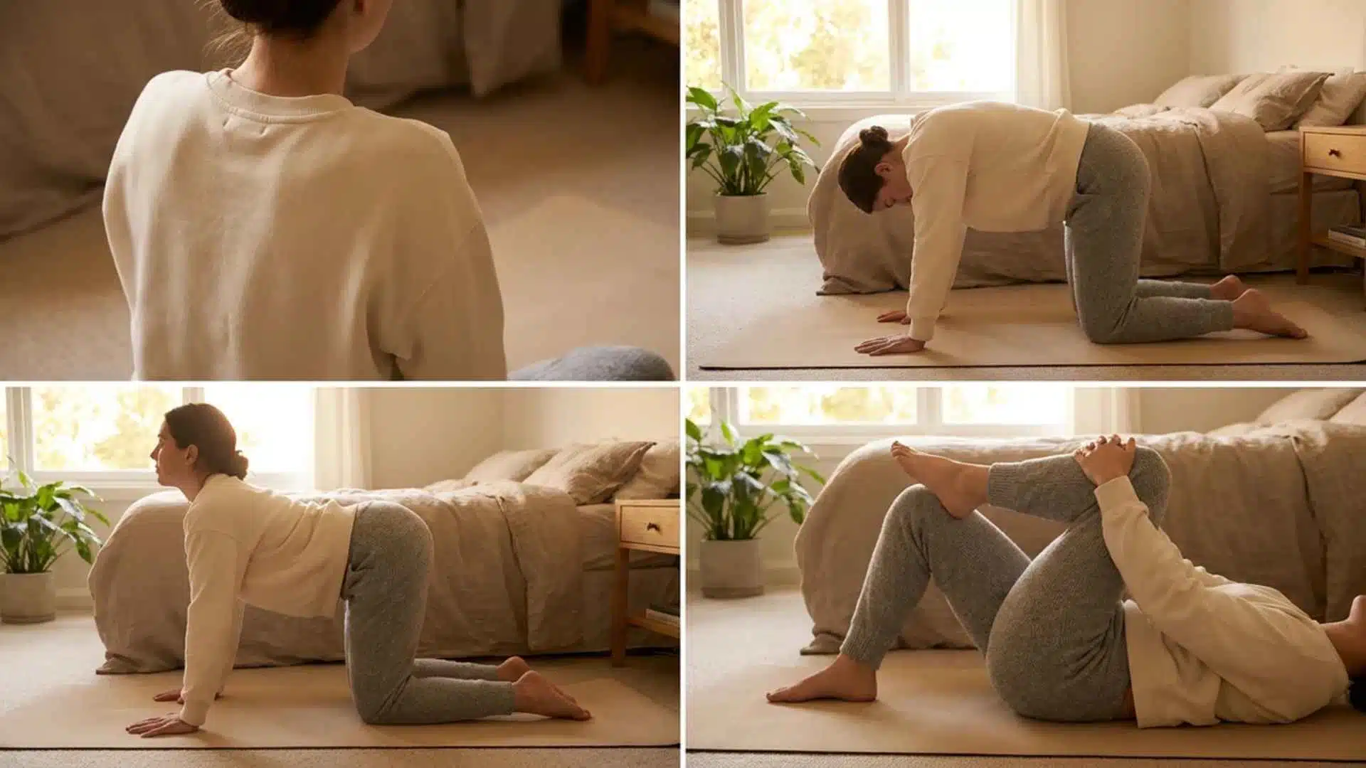 Woman doing gentle morning stretches on a yoga mat in a softly lit bedroom for back relief