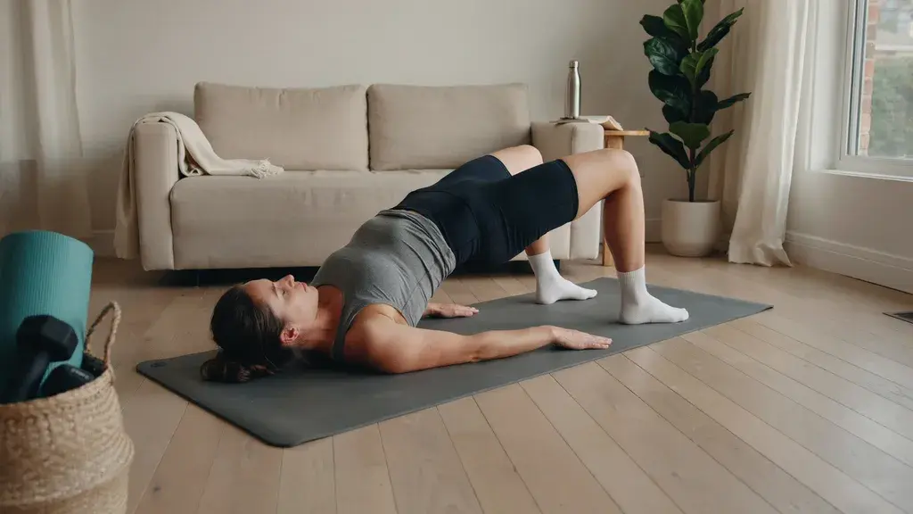 Person doing glute bridge exercise to activate glute muscles and support IT band recovery.