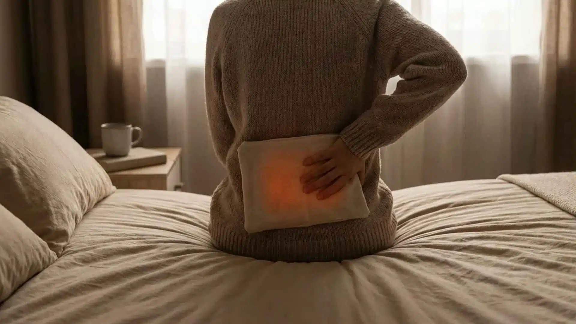 Person sitting on bed holding lower back, indicating soreness and discomfort in lumbar area
