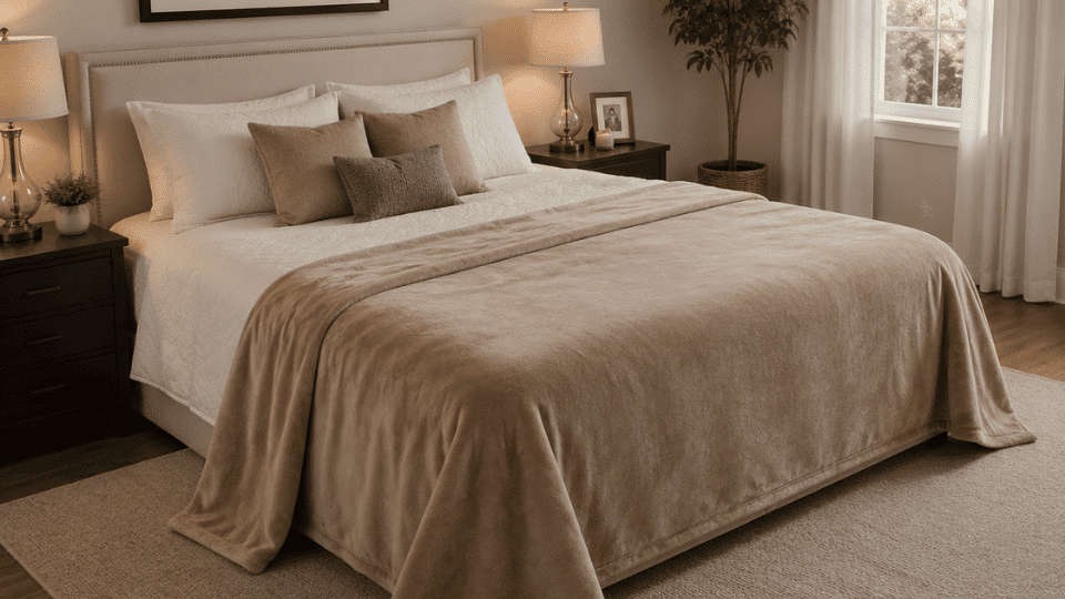 Queen-size bed with beige blanket neatly draped, pillows arranged, soft natural light in modern bedroom.