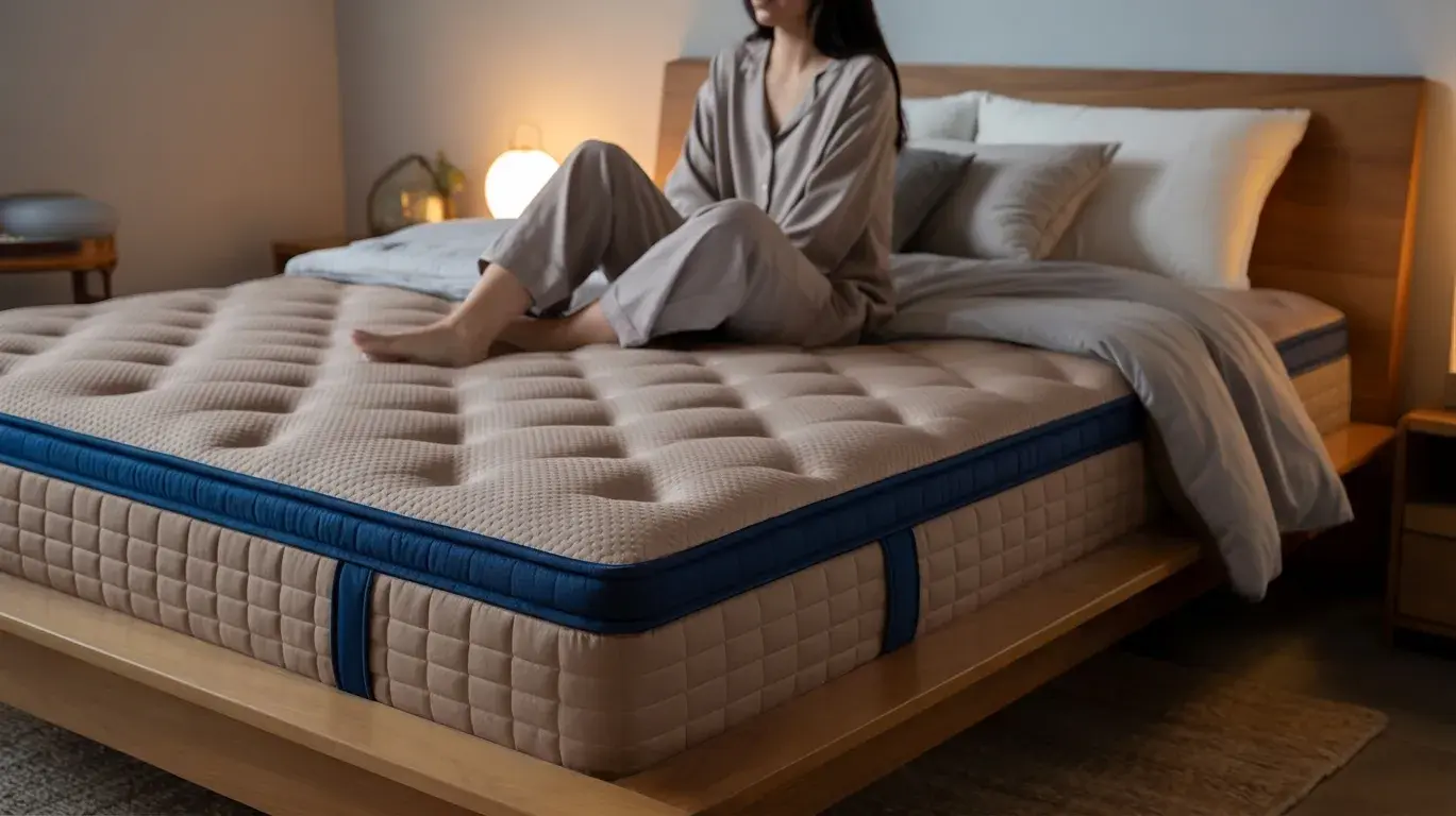 Hybrid mattress on bed with quilted top and blue edge, person sitting on edge.