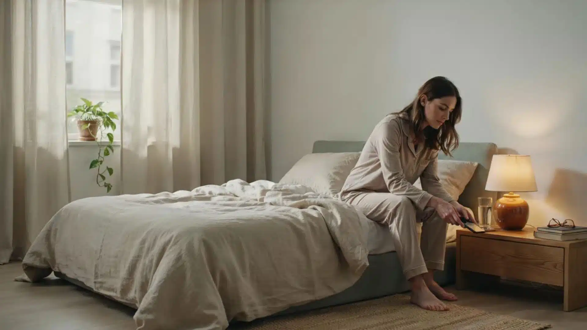person adjusting bedtime routine with calm bedroom light morning sun and phone away showing better sleep habits