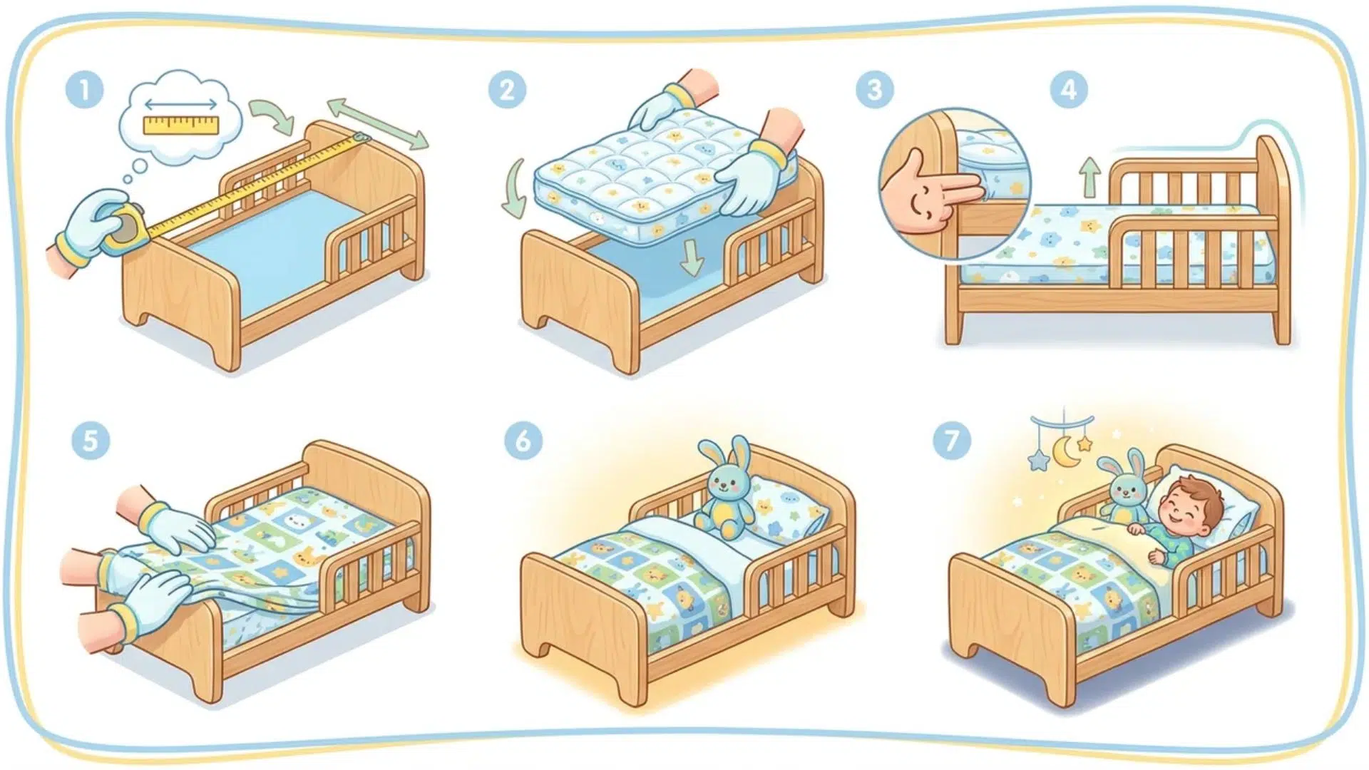 7-step cartoon guide showing how to safely check if a mattress fits properly in a toddler bed