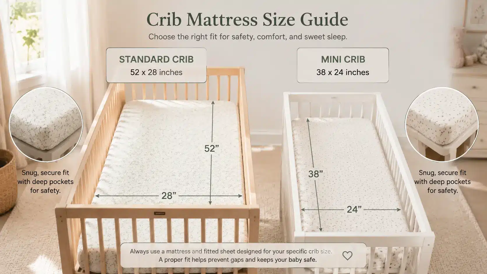 Infographic comparing standard and mini crib sheet sizes with snug fitted