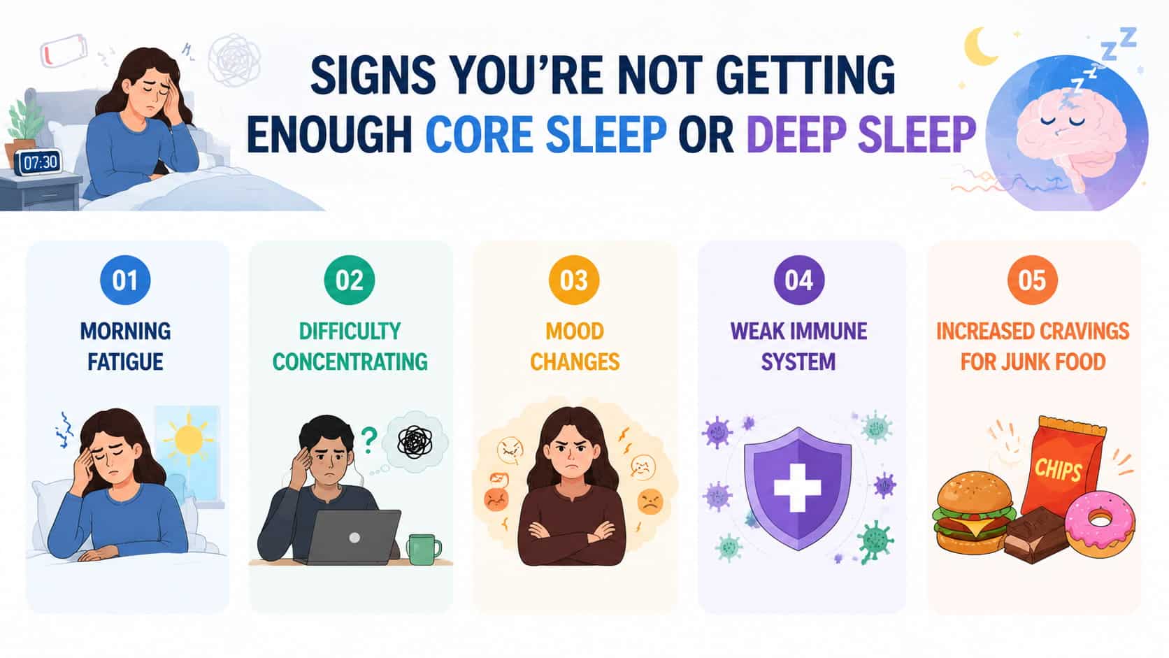 Infographic showing signs of insufficient core and deep sleep, with icons and explanations for fatigue, mood changes, and cravings.