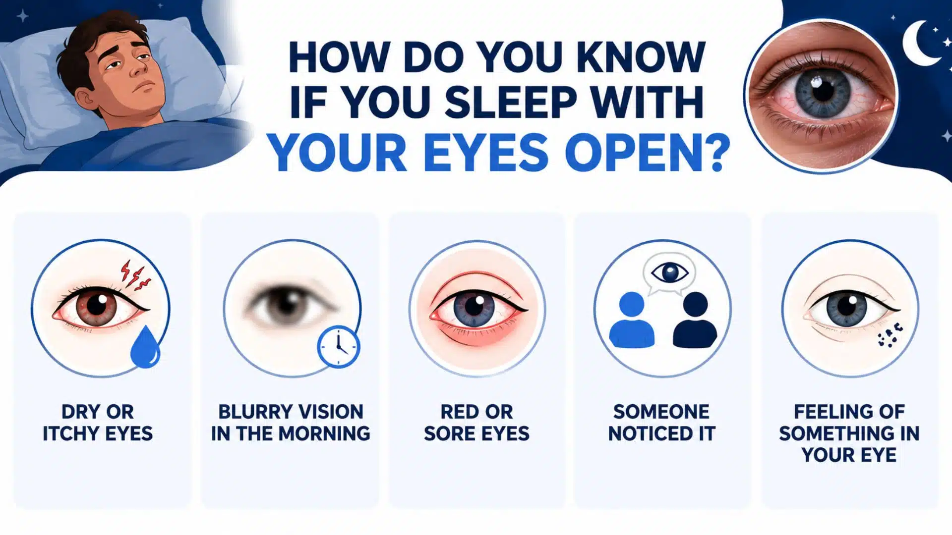 Infographic showing signs of sleeping with eyes open including dry eyes, blurry vision, sore eyes, and eye irritation symptoms.