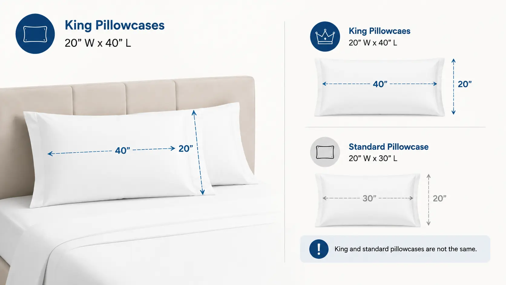 nfographic comparing king pillowcases (20 × 40 inches) with standard pillowcases (20 × 30 inches) using visual icons