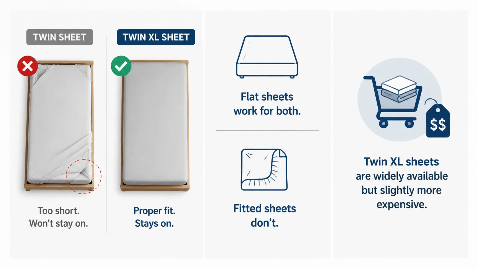Infographic comparing Twin and Twin XL sheets showing proper fit versus too short, and differences between flat and fitted sheets