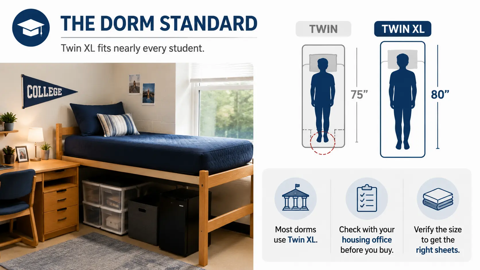 Infographic showing a college dorm room with a Twin XL bed and comparison of Twin vs Twin XL mattress lengths