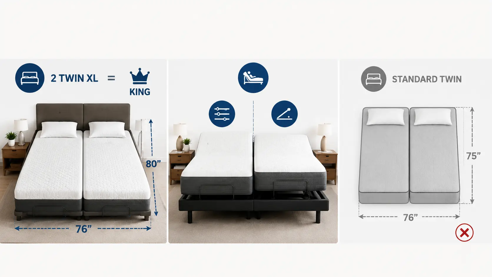 Infographic showing a split king setup with two Twin XL mattresses forming a king and standard twin mattresses marked as not suitable