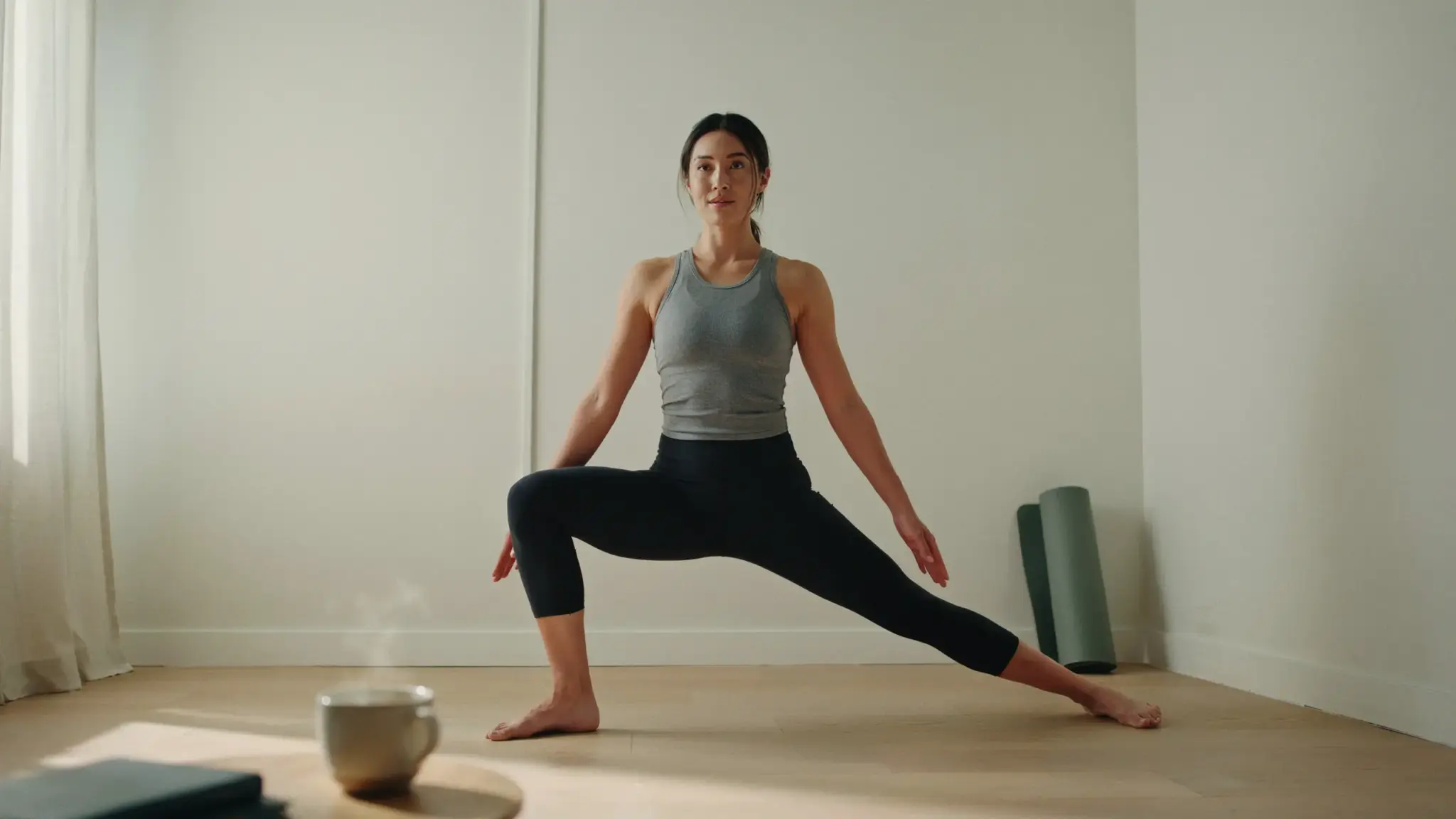 Person performing controlled lateral lunge for hip mobility and reduced IT band tightness.