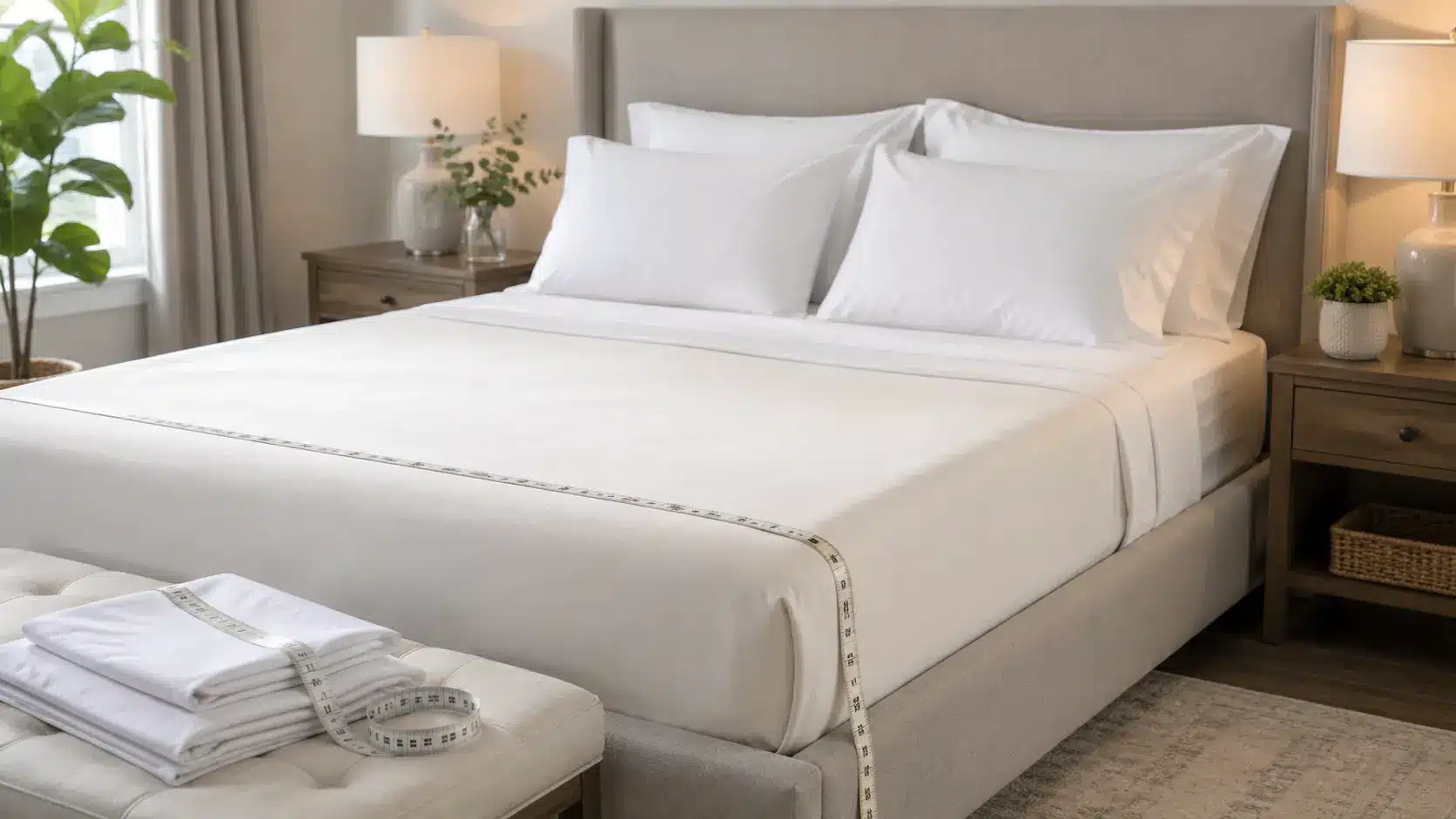 King-size bed with crisp white sheets, pillows, and a measuring tape in a bright, modern bedroom