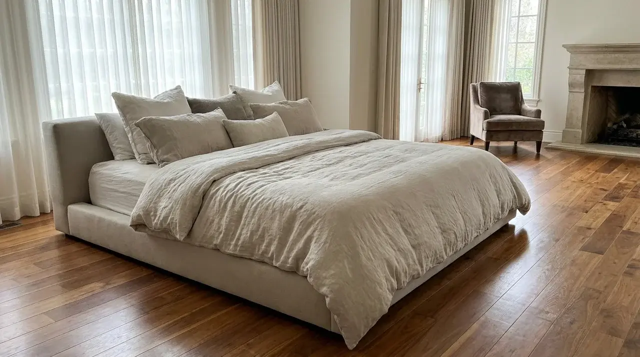 King mattress with layered neutral bedding in a spacious luxury bedroom with hardwood floors