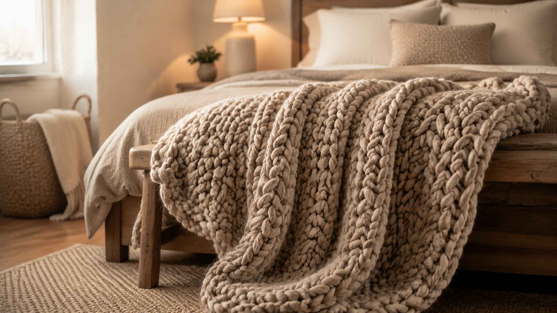 Chunky knit throw blanket on bed footboard cozy bedroom