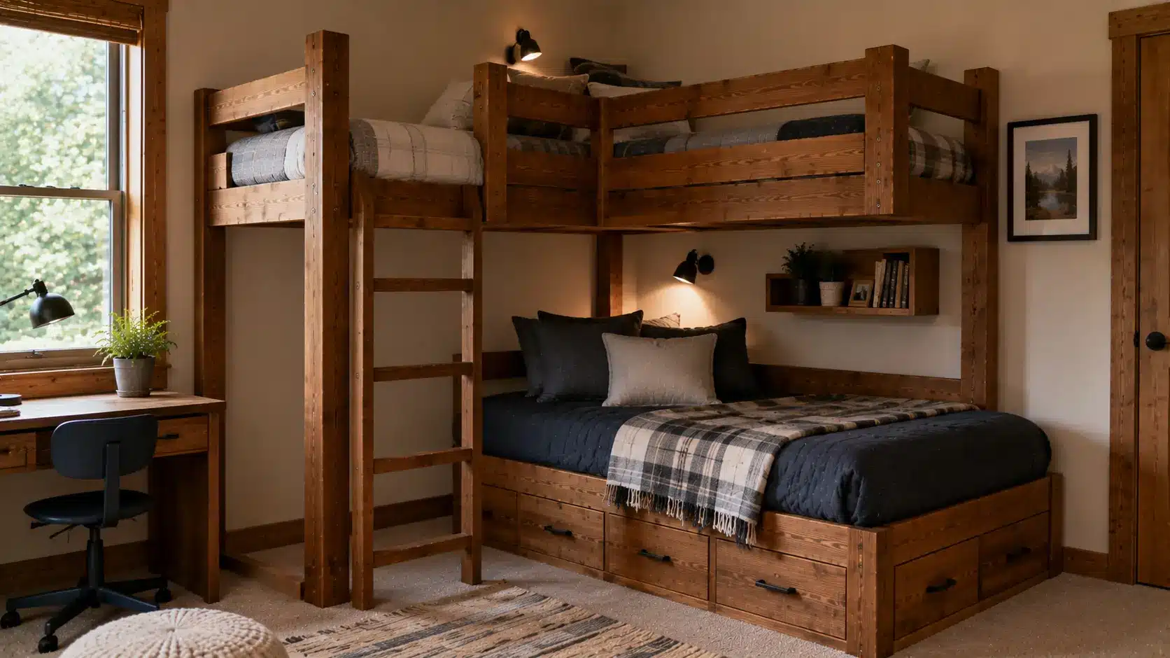 L-shaped wooden bunk bed in a modern corner bedroom
