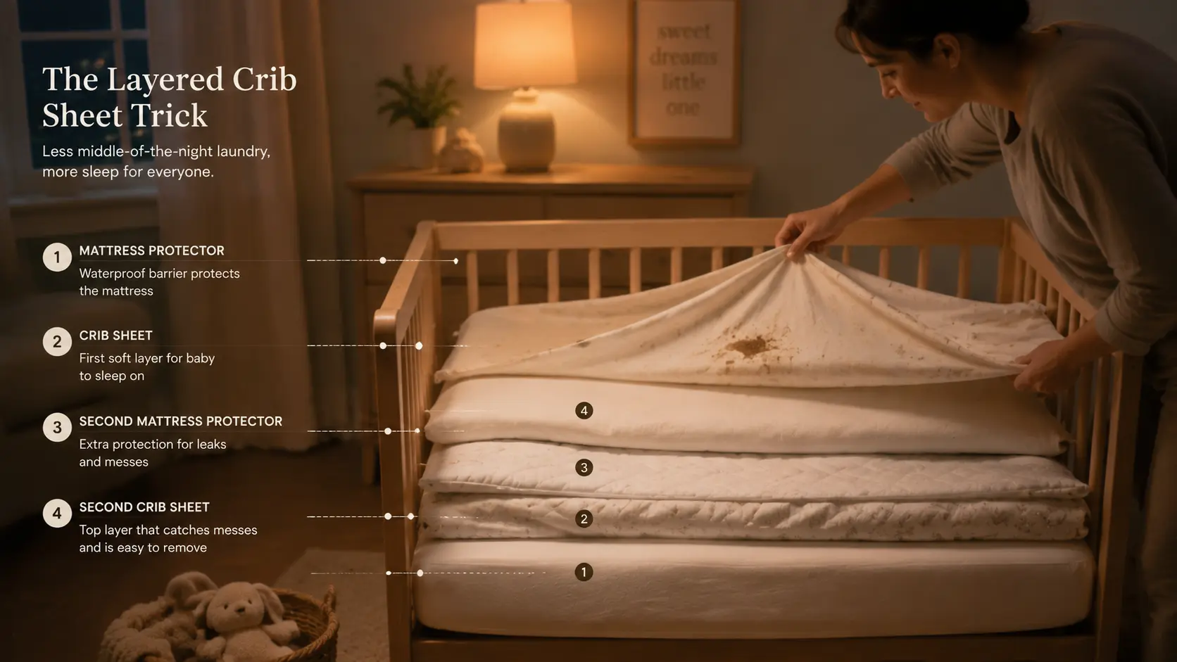 Layered crib sheet setup showing stacked bedding for easy midnight changes