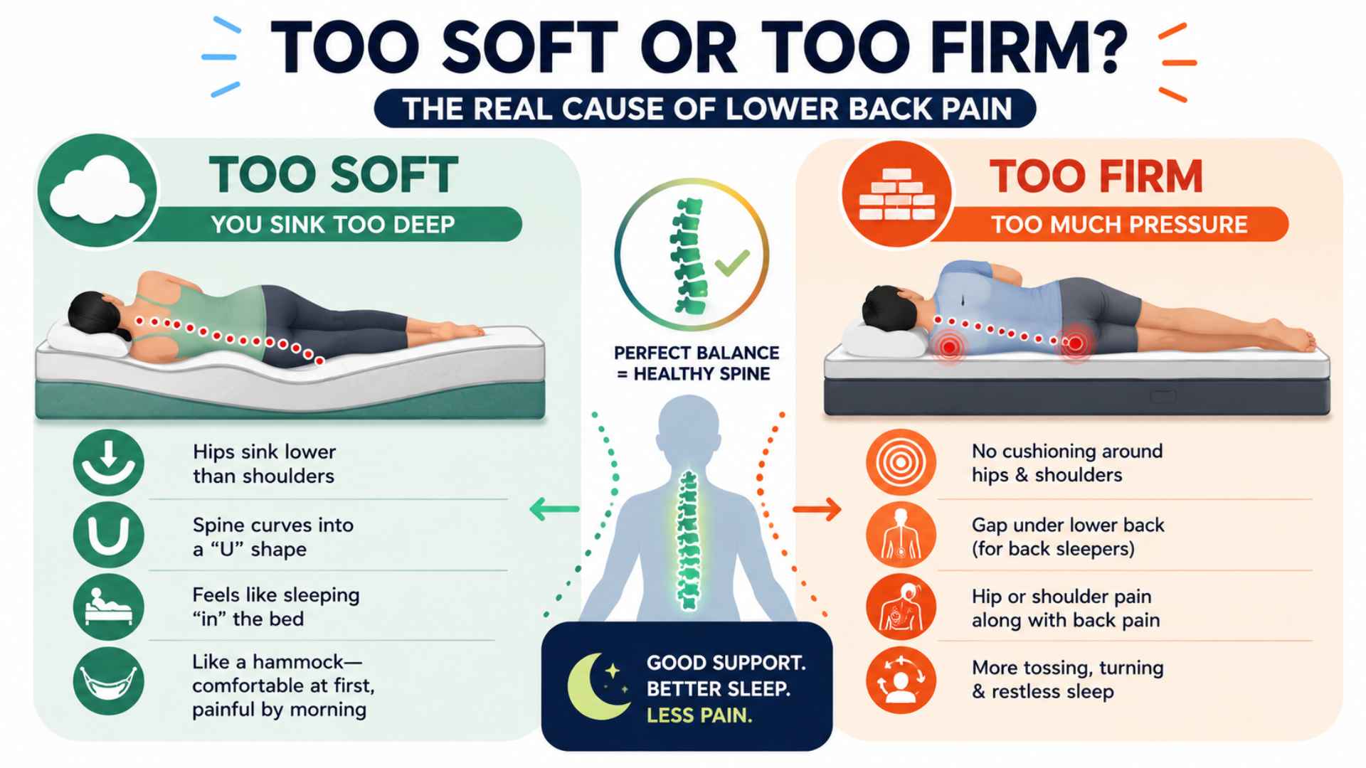 Infographic comparing too soft vs too firm mattresses and their effects on lower back pain