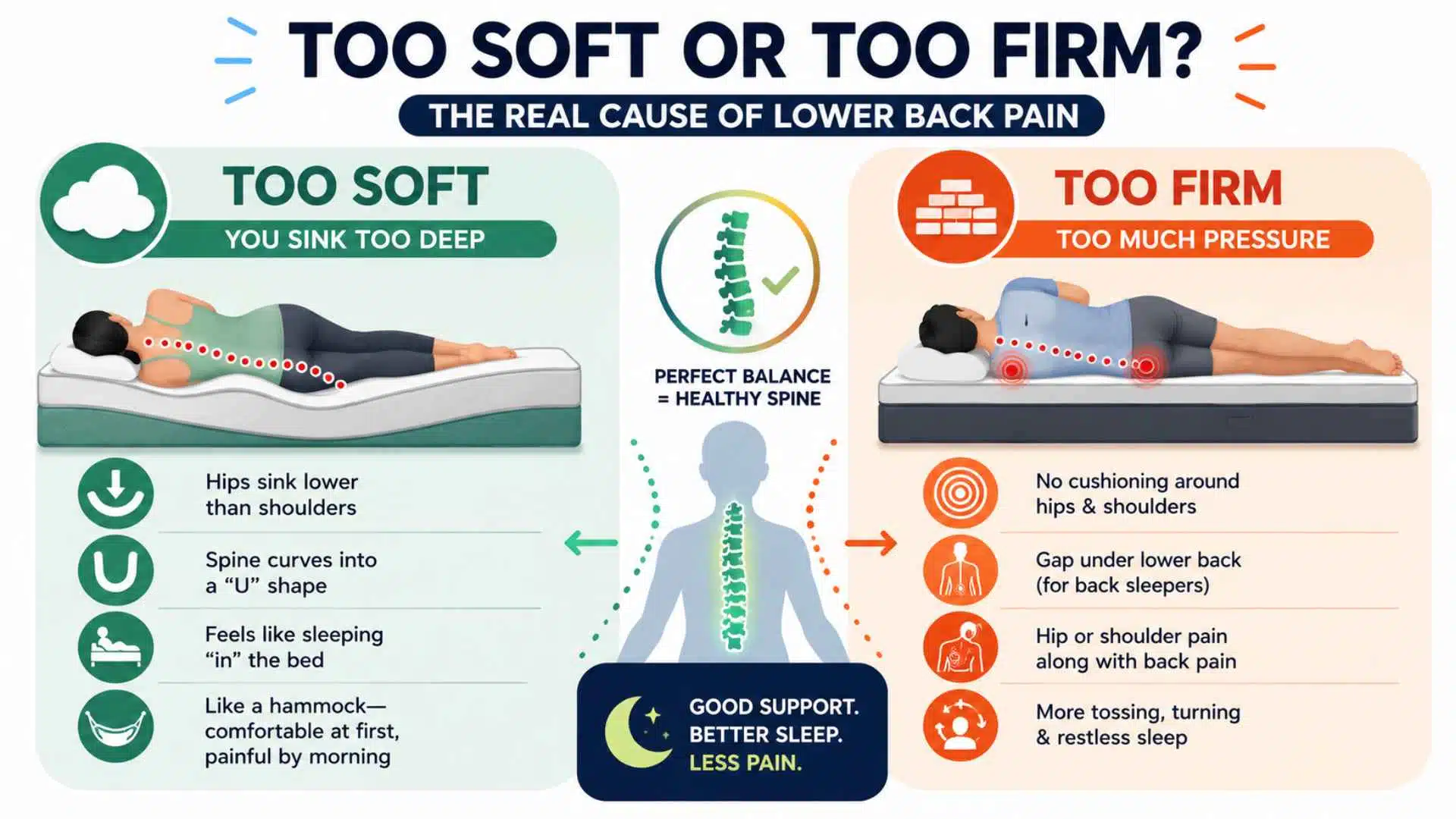 Infographic comparing too soft vs too firm mattresses and their effects on lower back pain
