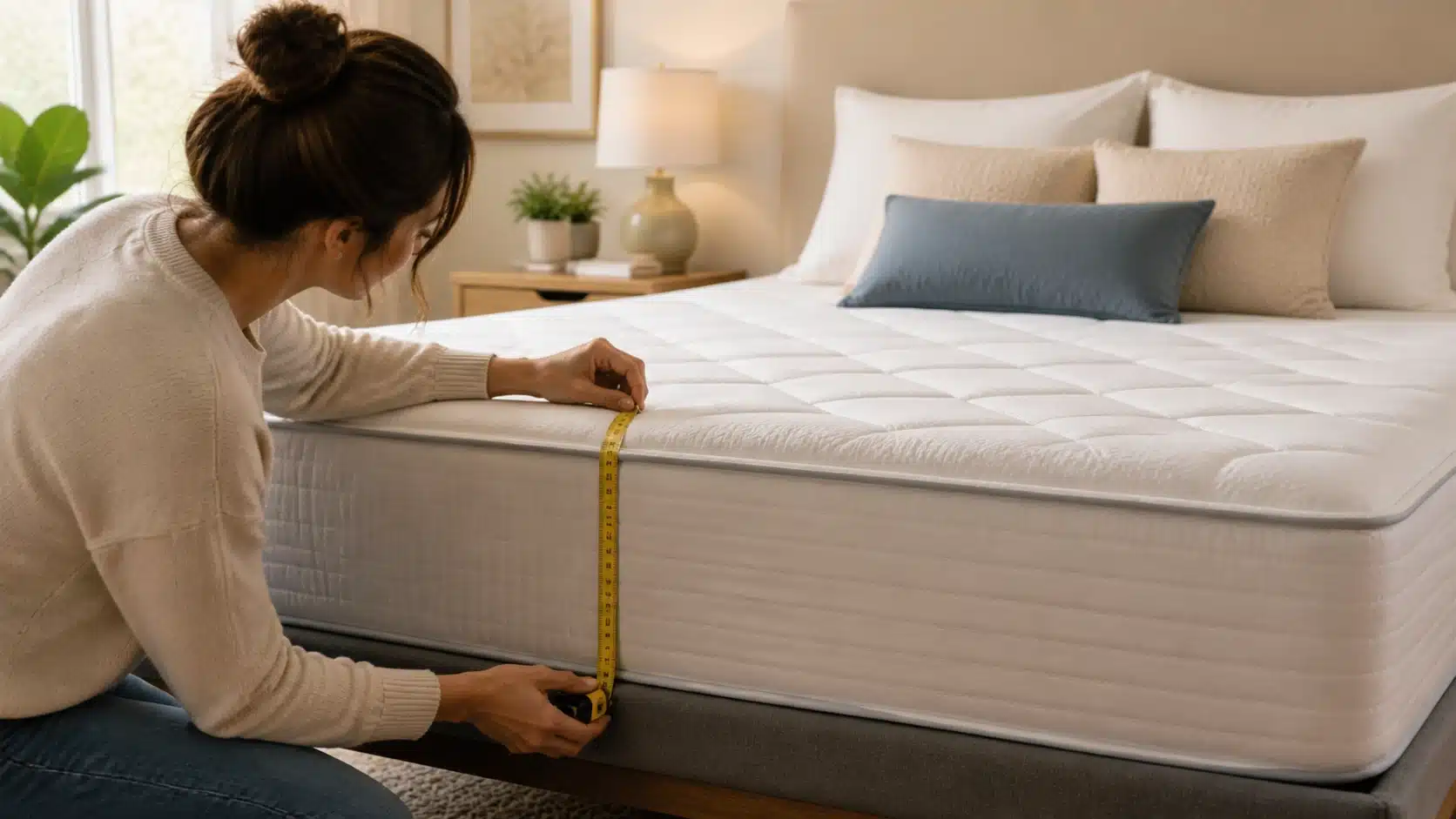 Measuring the mattress in a cozy room