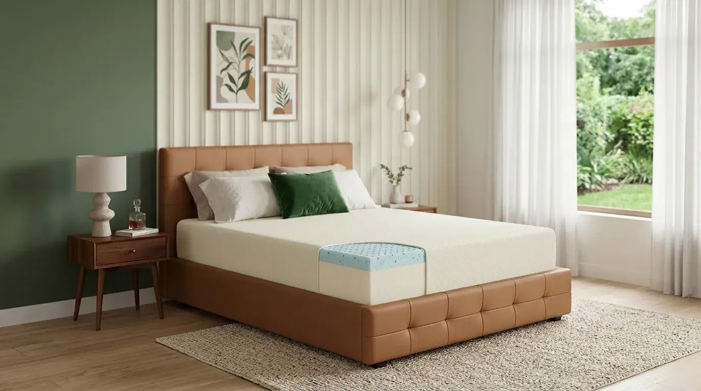Memory foam mattress on tan upholstered bed with neutral bedding and minimal decor.