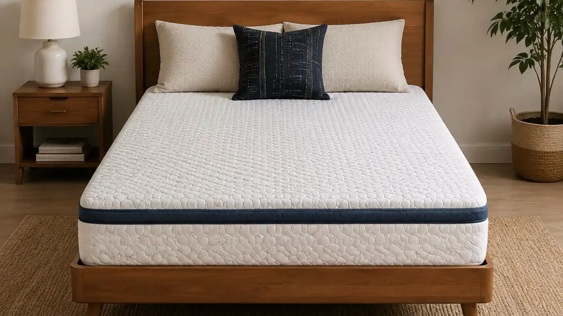 Minimalist bedroom with a wooden bed frame and a neatly made mattress in natural light