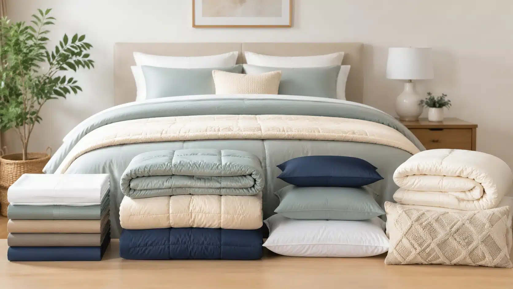 Minimalist bedroom with layered bedding