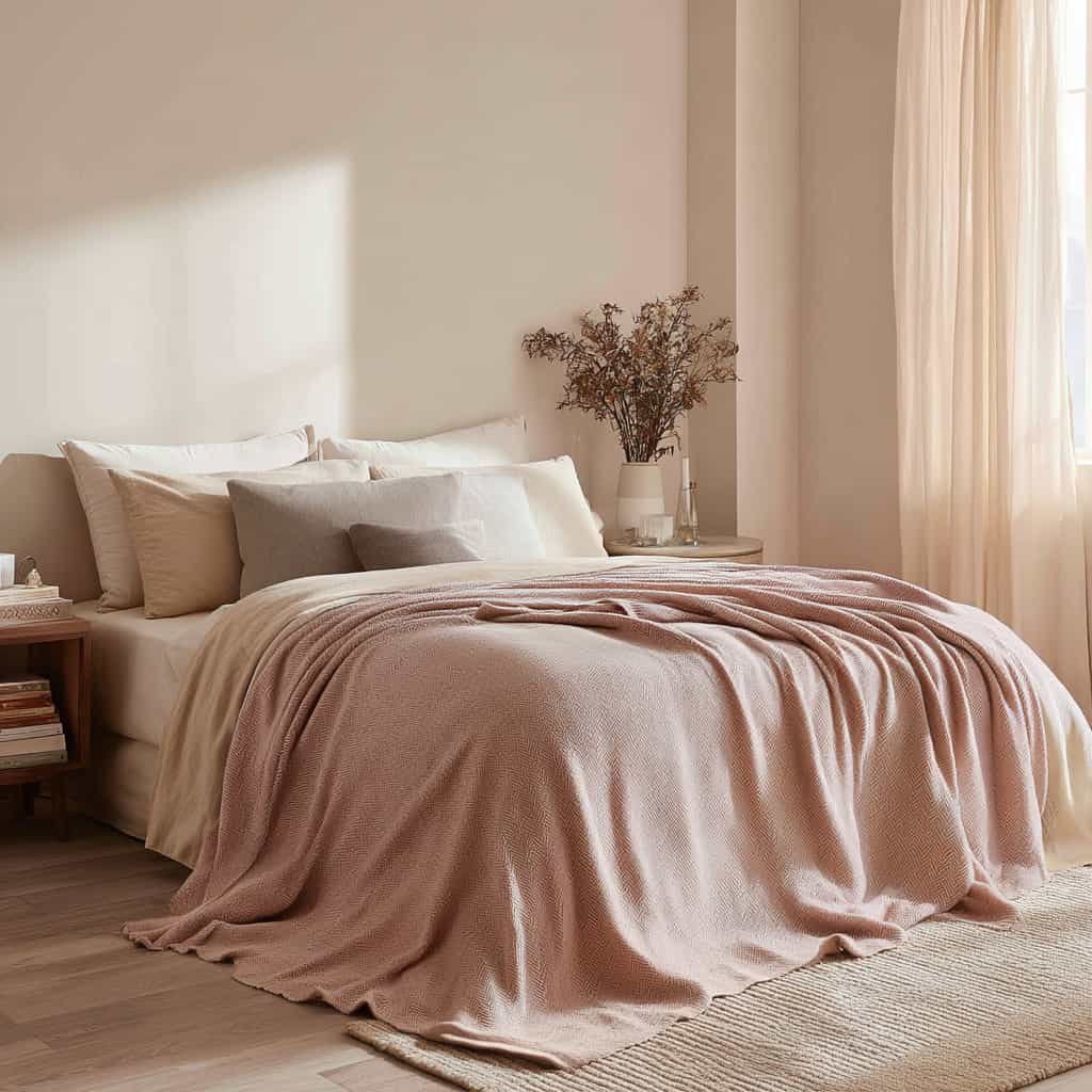 Minimalist bedroom with neatly made bed, pink textured throw blanket, and soft pillows in natural light.
