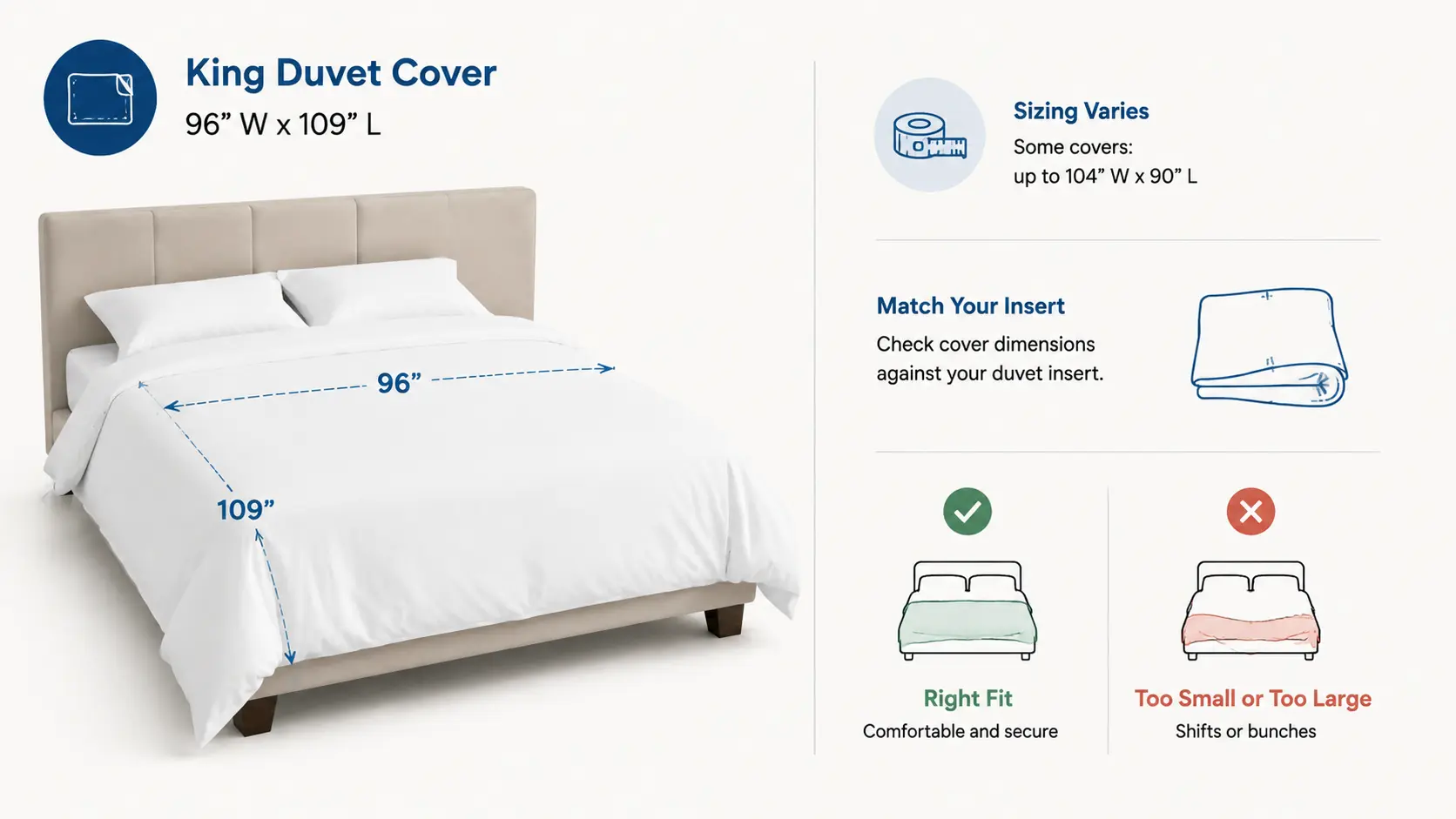 Minimalist infographic showing king duvet cover on bed with dimensions 96 × 109 inches and guidance for matching cover size to duvet insert