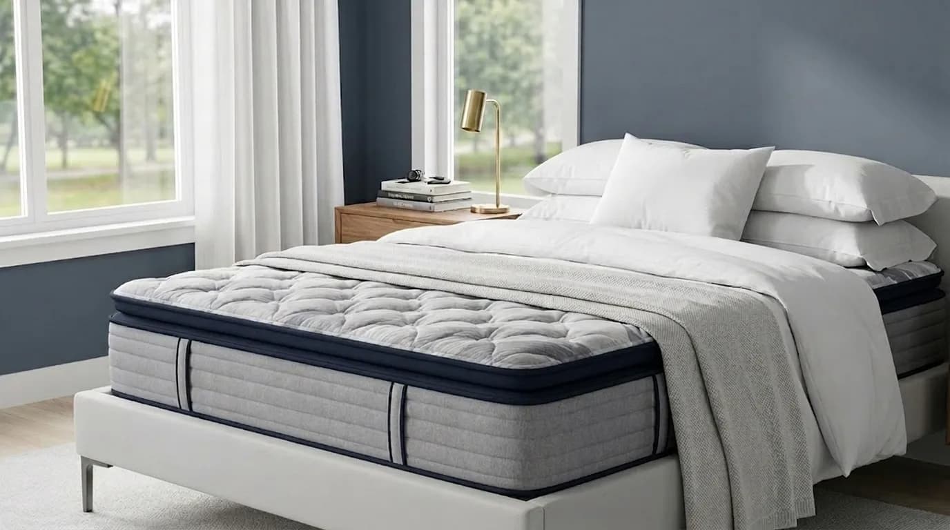 Modern bedroom with white bedding on Helix Midnight Luxe mattress and wooden nightstand.